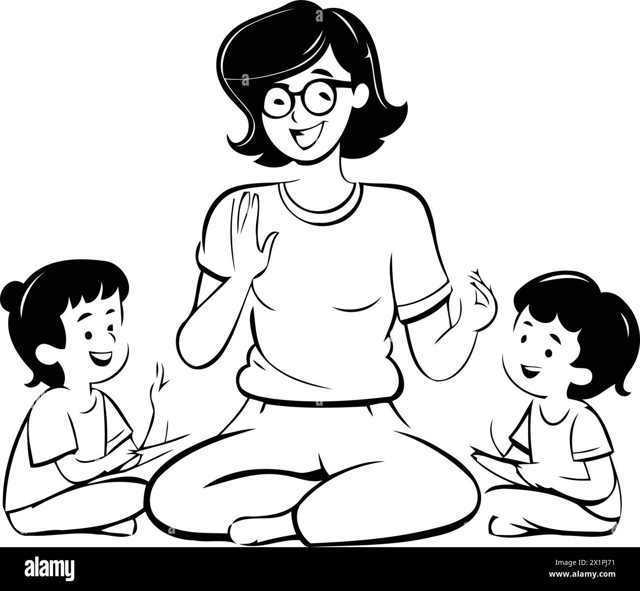 Mère et ses enfants assis en position lotus. Illustration vectorielle. Illustration de Vecteur