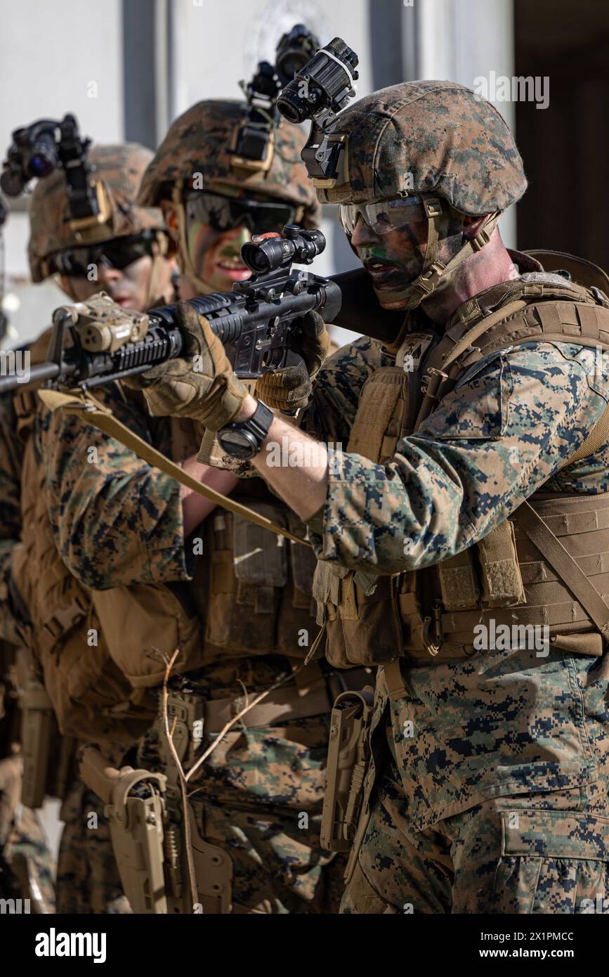 US Marines, Alpha Company, 4th Law Enforcement Battalion, 4th Marine Division, se préparent à dégager un bâtiment lors d'un exercice d'entraînement sur le terrain au Camp Atterbury, Indiana, le 13 avril 2024. Cet exercice incluait la Garde nationale de l'Armée de terre, augmentant l'interopérabilité entre les forces de réserve, tant dans l'air qu'au sol, alors que les Marines travaillaient à l'assaut aérien et aux opérations sur le terrain. (Photo du corps des Marines des États-Unis par le caporal Juan Diaz) Banque D'Images