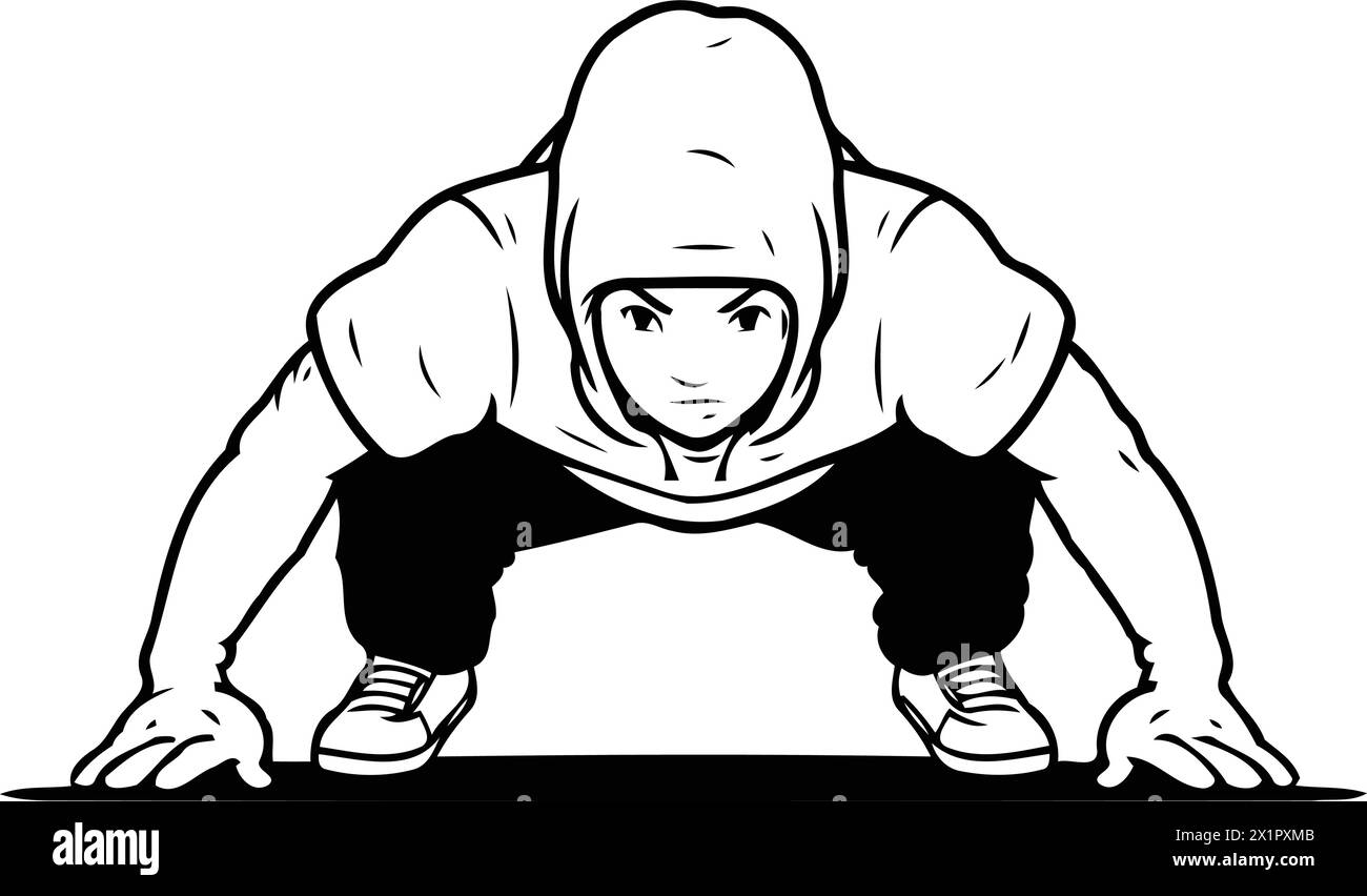 Illustration vectorielle d'un homme en vêtements de sport faisant des pompes. Illustration de Vecteur
