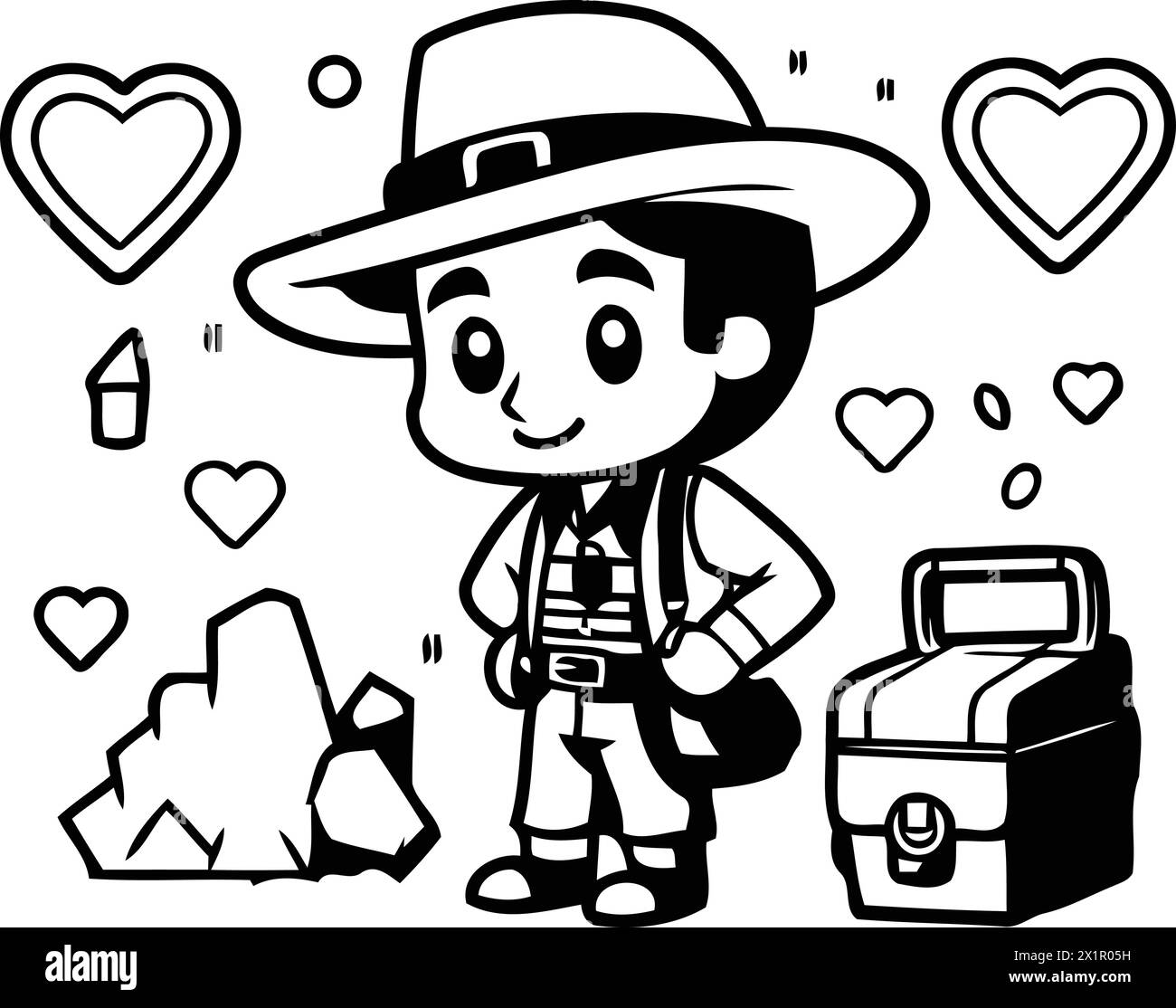 Mignon explorateur de bande dessinée garçon debout avec un coffre au trésor. Illustration vectorielle. Illustration de Vecteur