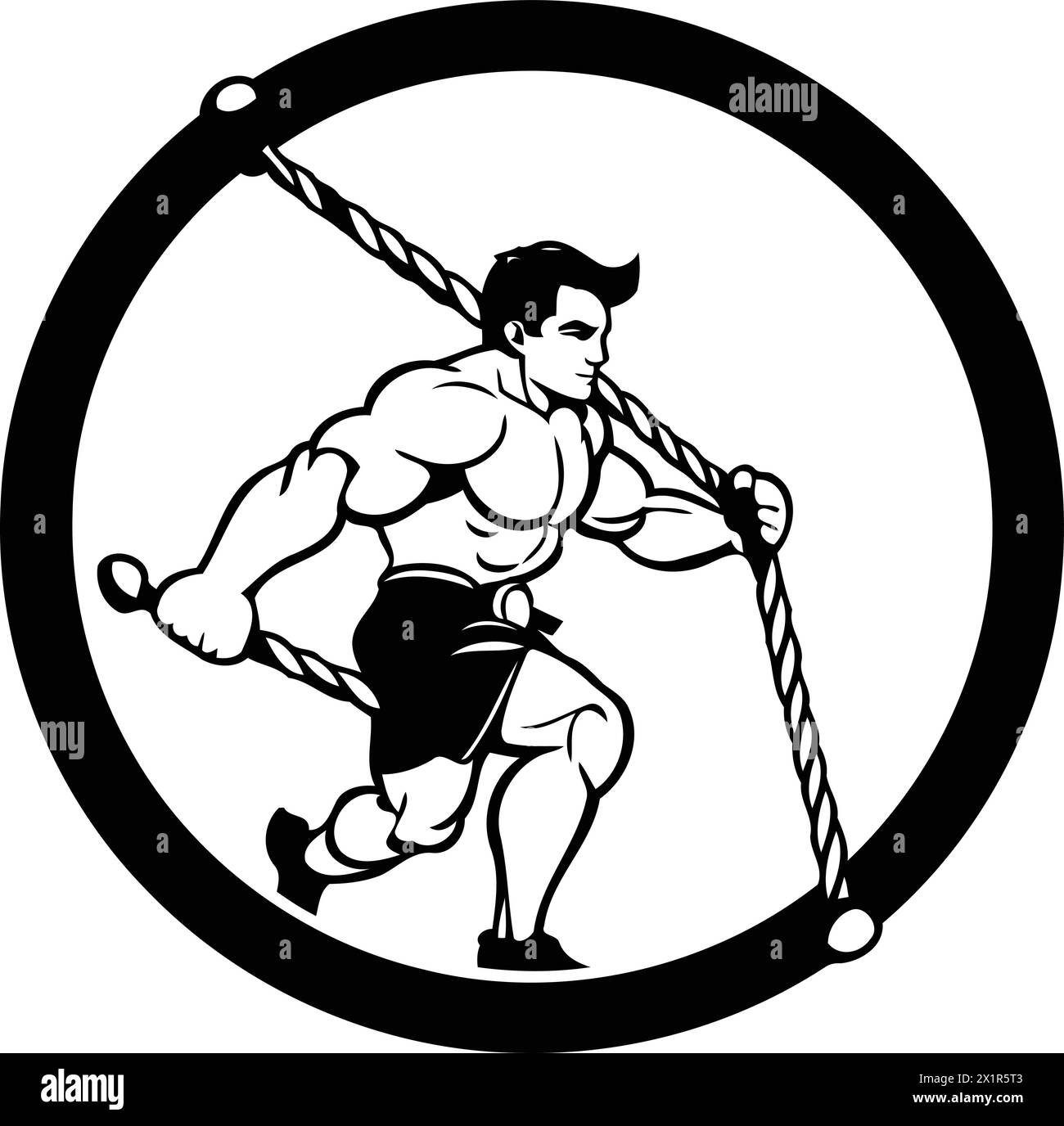 Illustration de style de dessin animé d'un bodybuilder faisant des pull-ups avec une corde placée à l'intérieur du cercle sur fond isolé. Illustration de Vecteur