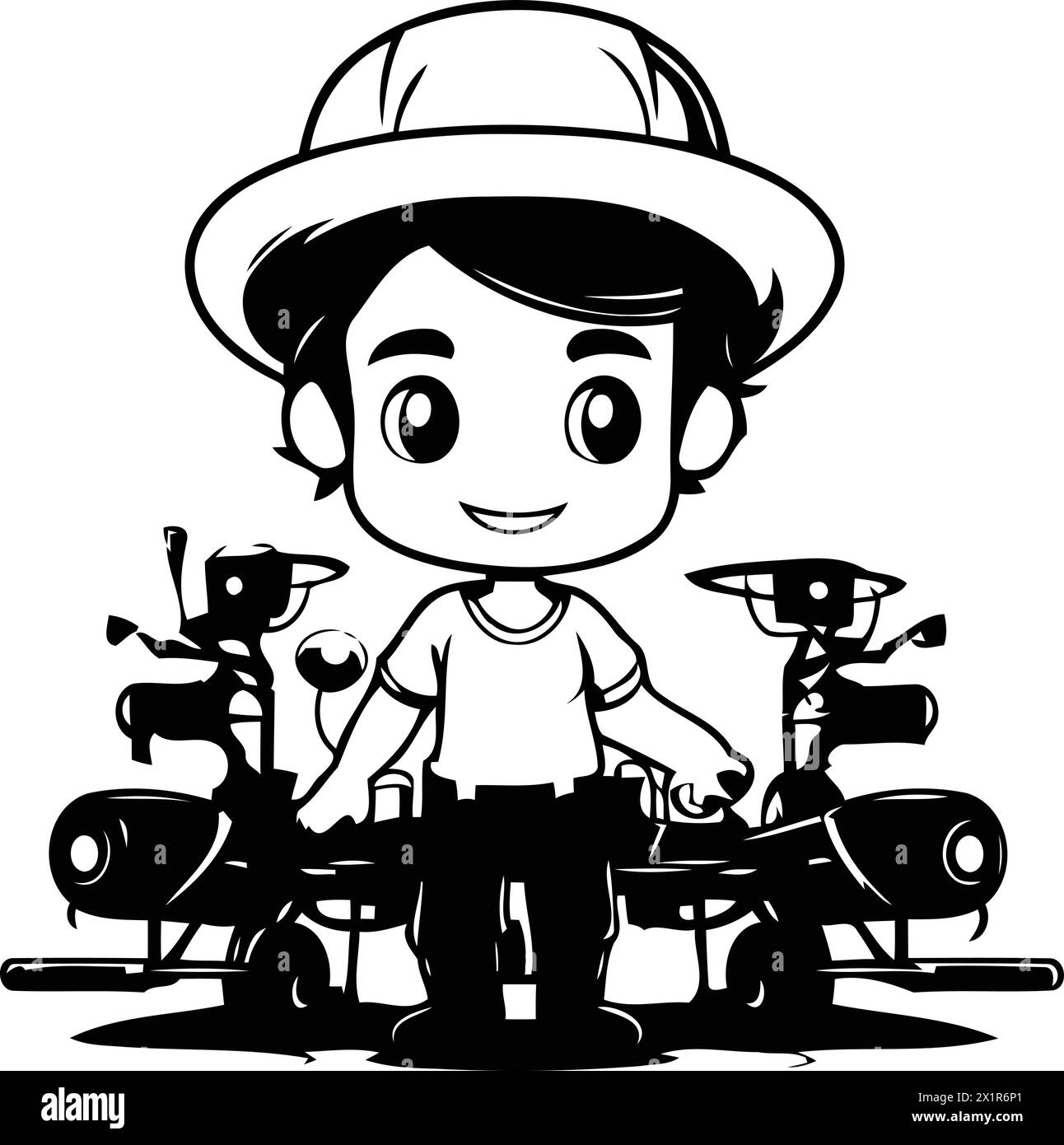 Illustration d'un garçon en tenue de safari chevauchant un quad Illustration de Vecteur