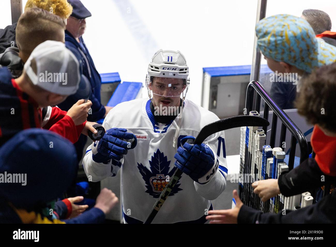 17 avril 2024 : L’attaquant des Marlies de Toronto Logan Shaw (11 ans) salue les partisans après les échauffements avant un match contre les Américains de Rochester. Les Américains de Rochester ont accueilli les Marlies de Toronto dans un match de la Ligue américaine de hockey au Blue Cross Arena de Rochester, New York. (Jonathan Tenca/CSM) (image crédit : © Jonathan Tenca/Cal Sport Media) Banque D'Images