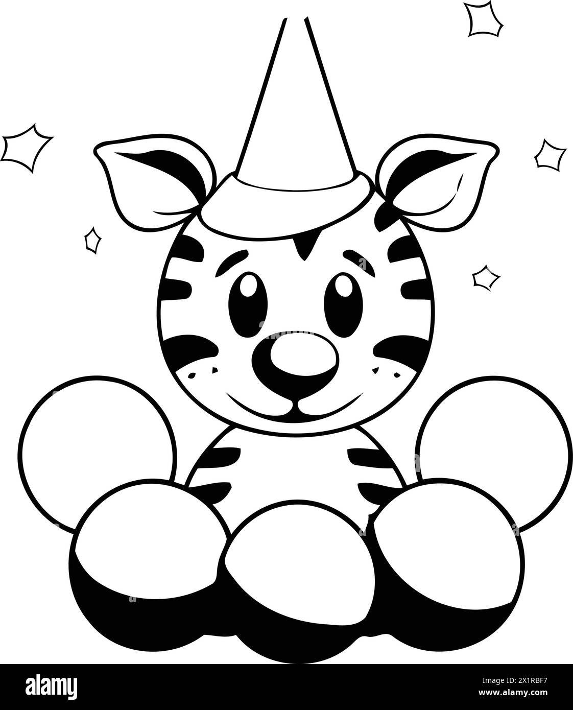 Zèbre de dessin animé mignon avec chapeau de fête et boules colorées. Illustration vectorielle. Illustration de Vecteur