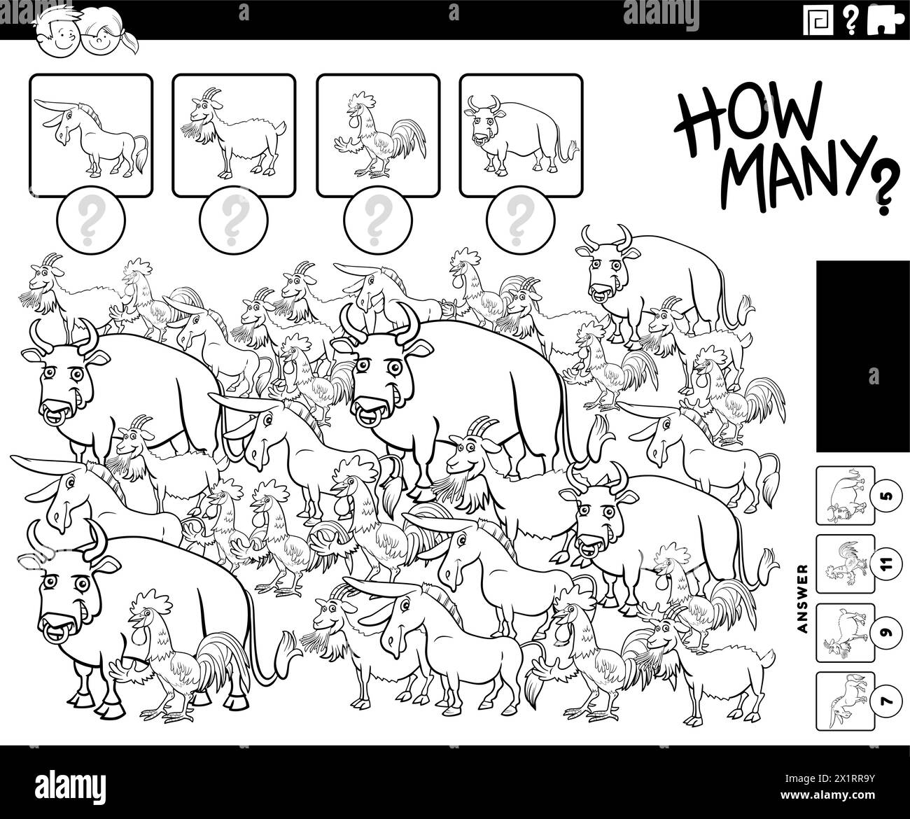 illustration du jeu de comptage éducatif avec la page à colorier des personnages d'animaux de ferme de dessin animé Illustration de Vecteur