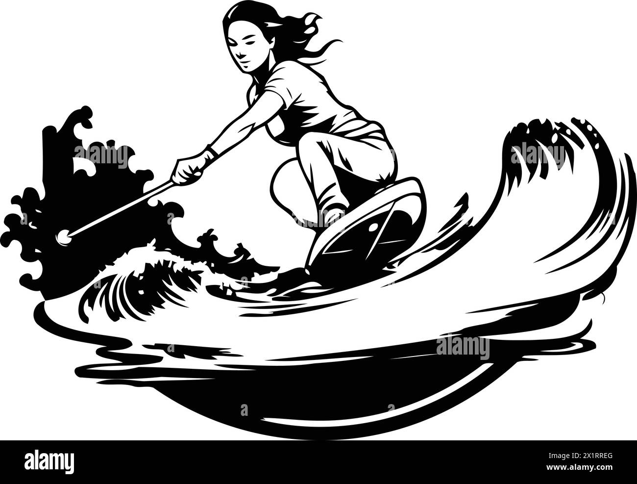 Fille wakeboard sur les vagues. Illustration vectorielle d'une femme chevauchant un wakeboard sur les vagues. Illustration de Vecteur