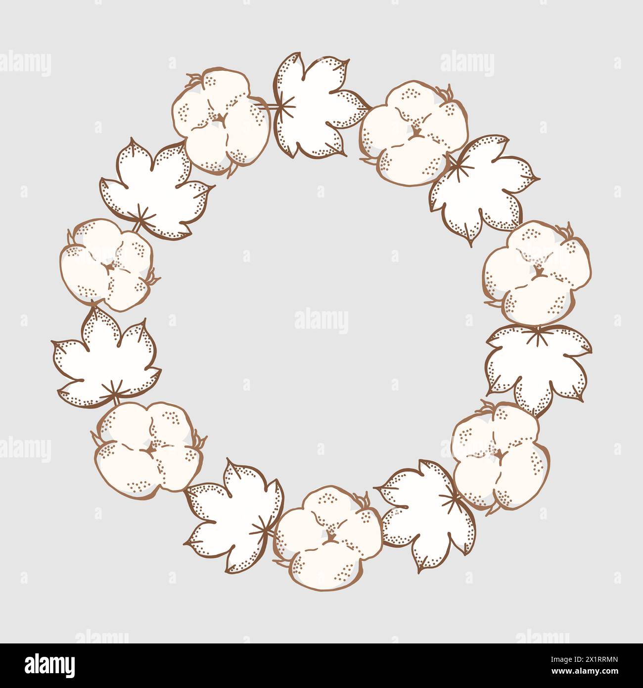 Couronne avec coton et feuilles. Cadre rond. Style vintage. Banque D'Images