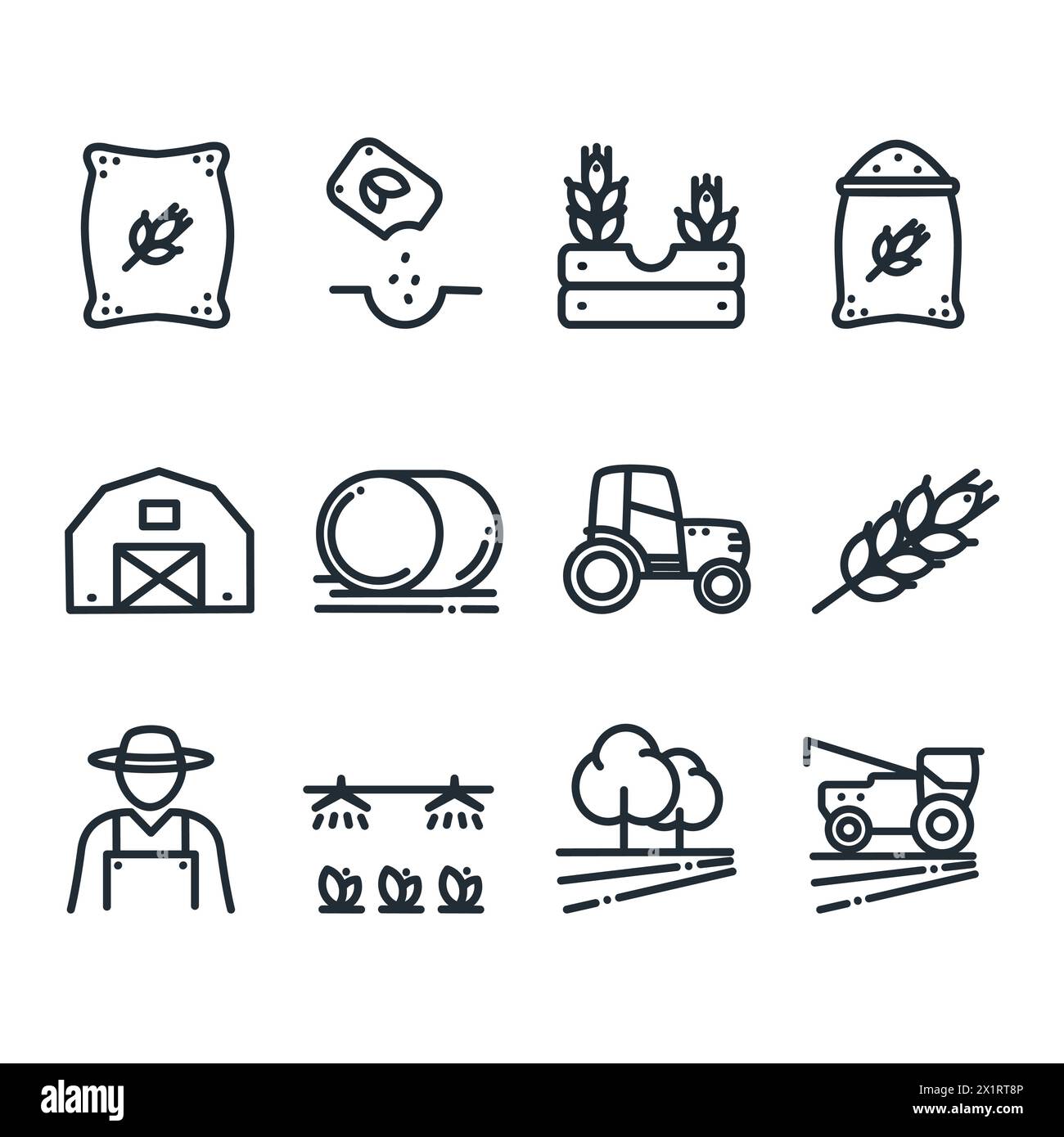 Ensemble d'icônes agricoles et agricoles. Agriculteurs, camion de récolte, tracteur, blé, sac de blé, grange ; grain, récolte, arrosage, céréales, récolteuse, foin Banque D'Images