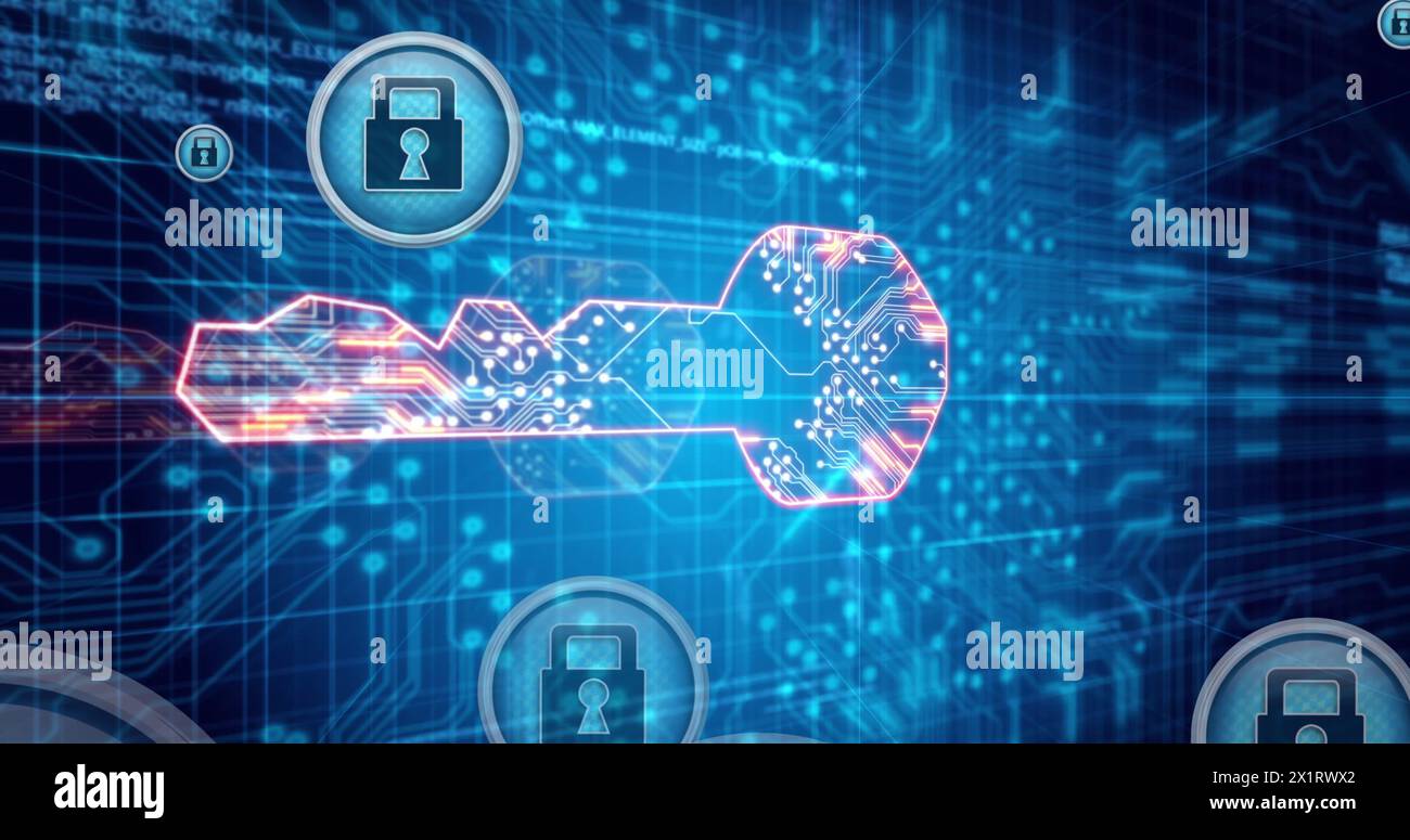 La clé numérique symbolise la cybersécurité sur fond binaire bleu Banque D'Images
