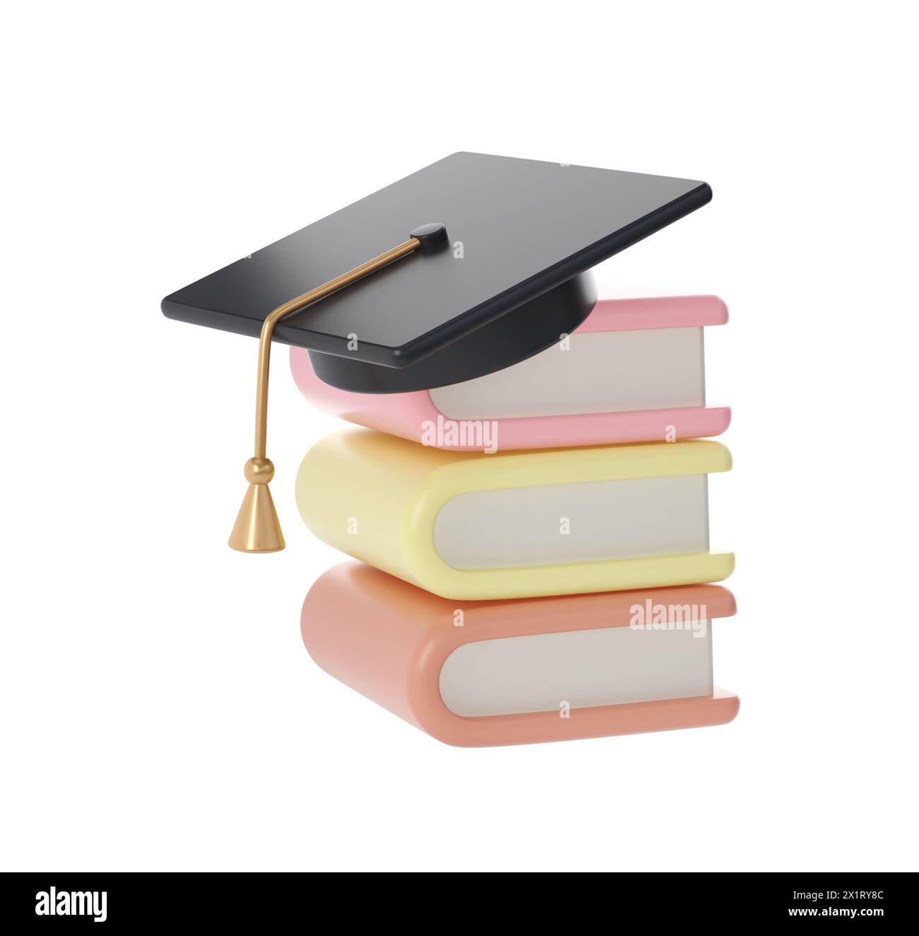 Pile 3D de livres fermés et icône de graduation de chapeau noir d'université ou de collège. Rendu de la littérature pédagogique ou commerciale. E-book, littérature, Encyclopédie Banque D'Images