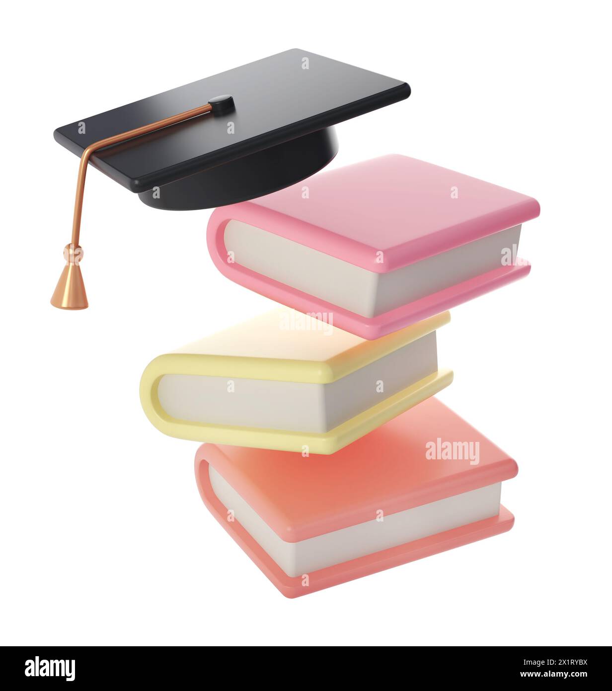 Pile 3D de livres fermés et icône de graduation de chapeau noir d'université ou de collège. Rendu de la littérature pédagogique ou commerciale. E-book, littérature, Encyclopédie Banque D'Images