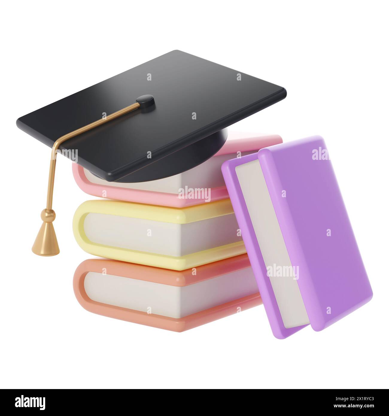 Pile 3D de livres fermés et icône de casquette noire d'université ou de collège. Rendu de la littérature éducative ou professionnelle. E-book, littérature, Encyclopédie Banque D'Images