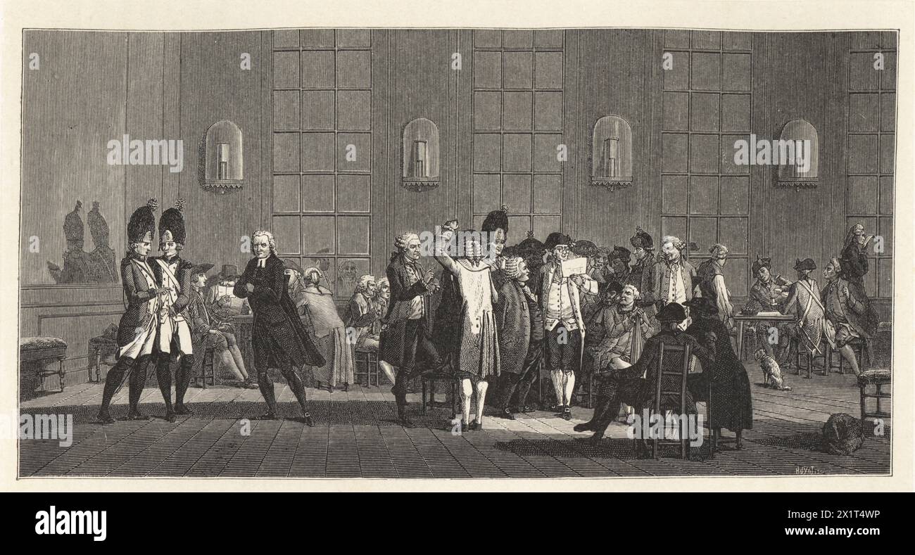 Café de Foy, connu sous le nom de Café des Patriotes, dans le Palais-Royal, Paris. Les révolutionnaires et les soldats lisent les côtés dans le café. Caffeé des Patriotes. Gravure sur bois de Huyot d'après une illustration de Jacques François Joseph Swebach-Desfontaines tirée du Directoire, Consulat et Empire de Paul Lacroix, Paris, 1884. Banque D'Images
