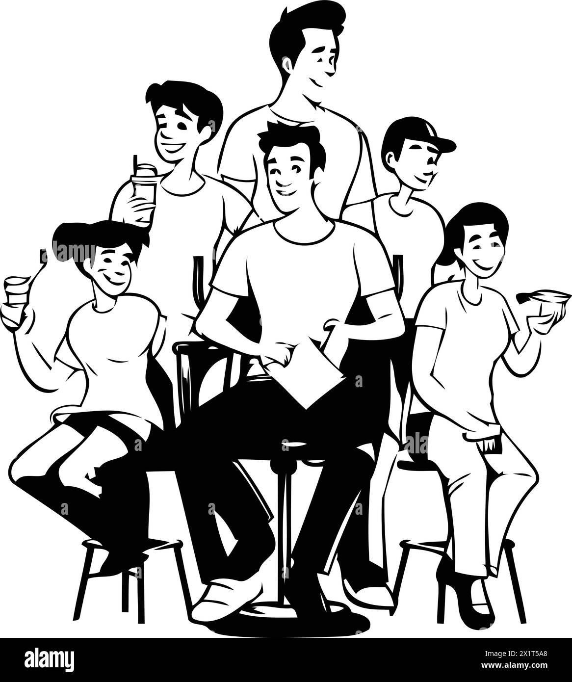 Groupe d'amis. hommes et femmes assis sur des chaises. boire de la bière et manger des collations. Illustration vectorielle. Illustration de Vecteur
