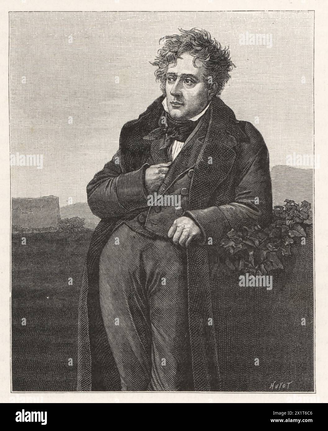 François-René, vicomte de Chateaubriand, écrivain, homme politique, diplomate et historien français, 1768-1848. Gravure sur bois de Huyot d'après un portrait d'Anne-Louis Girodet-Trioson tiré du Directoire, Consulat et Empire de Paul Lacroix, Paris, 1884. Banque D'Images