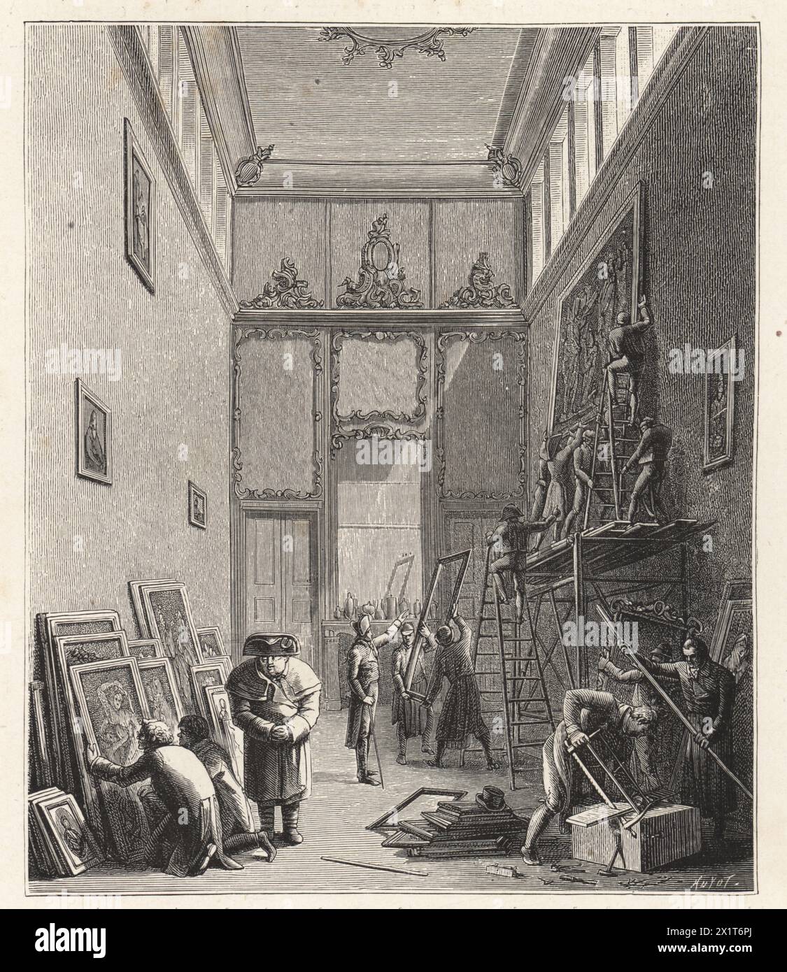 Les troupes de Napoléon pillent des peintures de la galerie d'images des maîtres anciens à Kassel, en Allemagne, 1806. Élévation des tableaux de la galerie de Cassel. Gravure sur bois de Huyot d'après une caricature allemande contre Napoléon et vivant Denon, le directeur du Louvre. Illustration tirée du Directoire, Consulat et Empire de Paul Lacroix, (Annuaire, Consulat et Empire), Paris, 1884. Banque D'Images