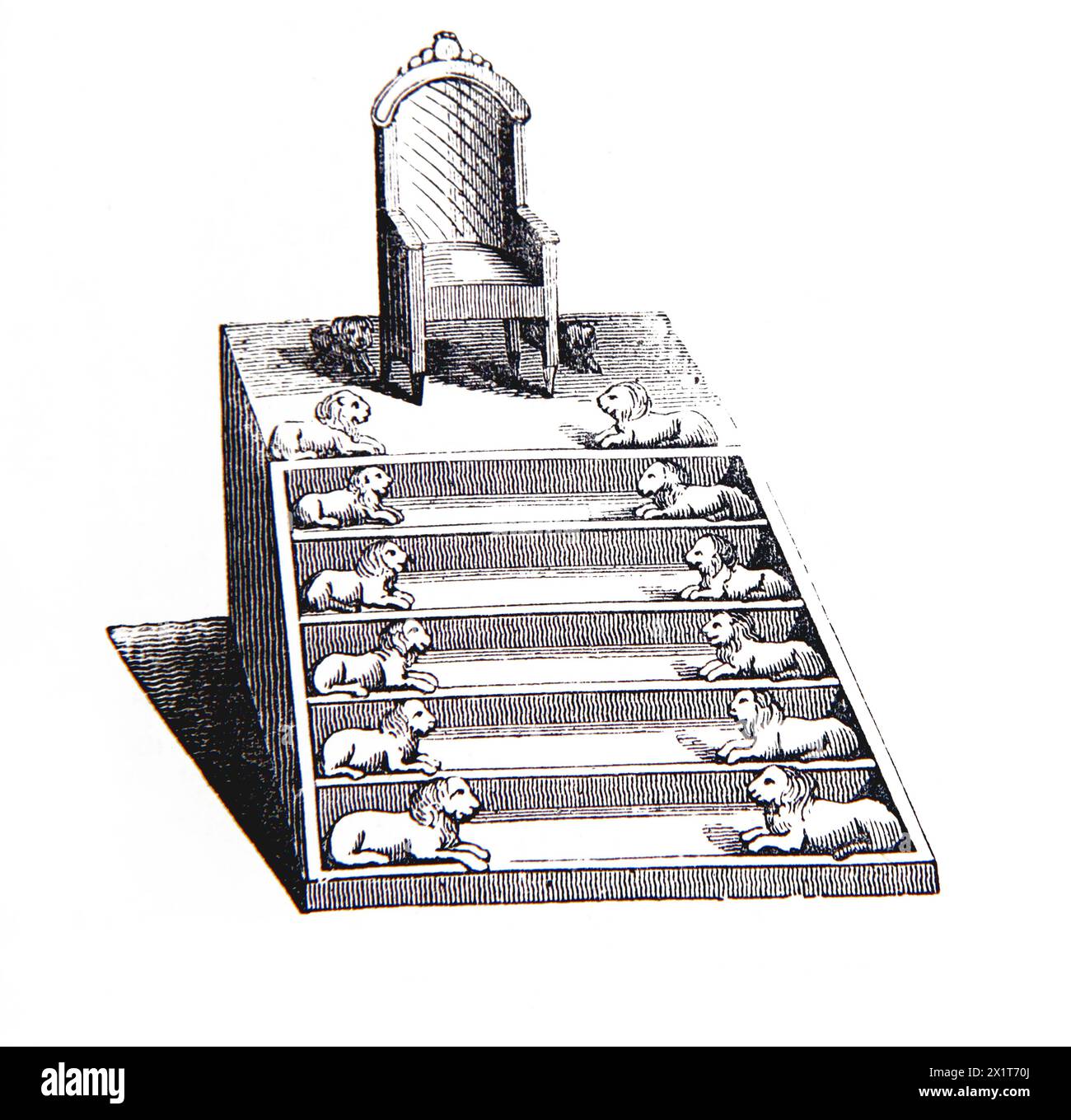 Gravure sur bois du trône du roi Salomon avec douze lions flanquants sur chaque pas après Villalpandus de la Bible de la famille illustrée du XIXe siècle Banque D'Images