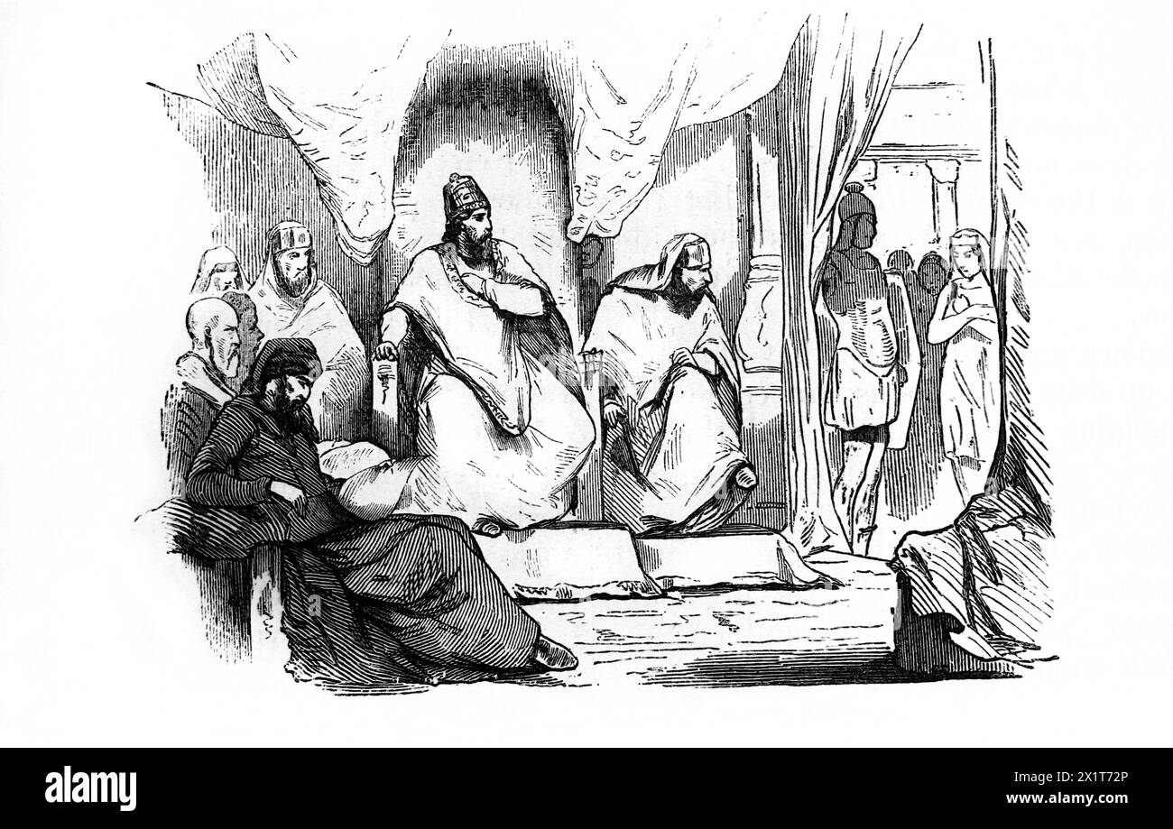 Gravure sur bois du souverain persan pendant le Livre d'Esdras du XIXe siècle Illustrated Family Bible Banque D'Images