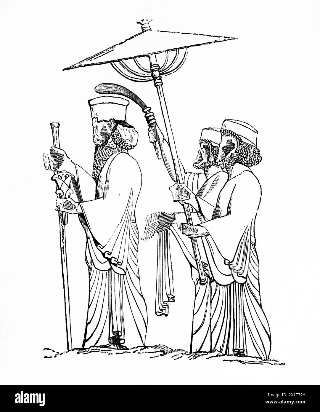 Gravure sur bois d'un roi persan Xerxès I avec serviteurs Holdin Umbrella de l'ancien Bas-relief à Persépolis gravé dans les voyages de Ker porter à partir de 1 Banque D'Images