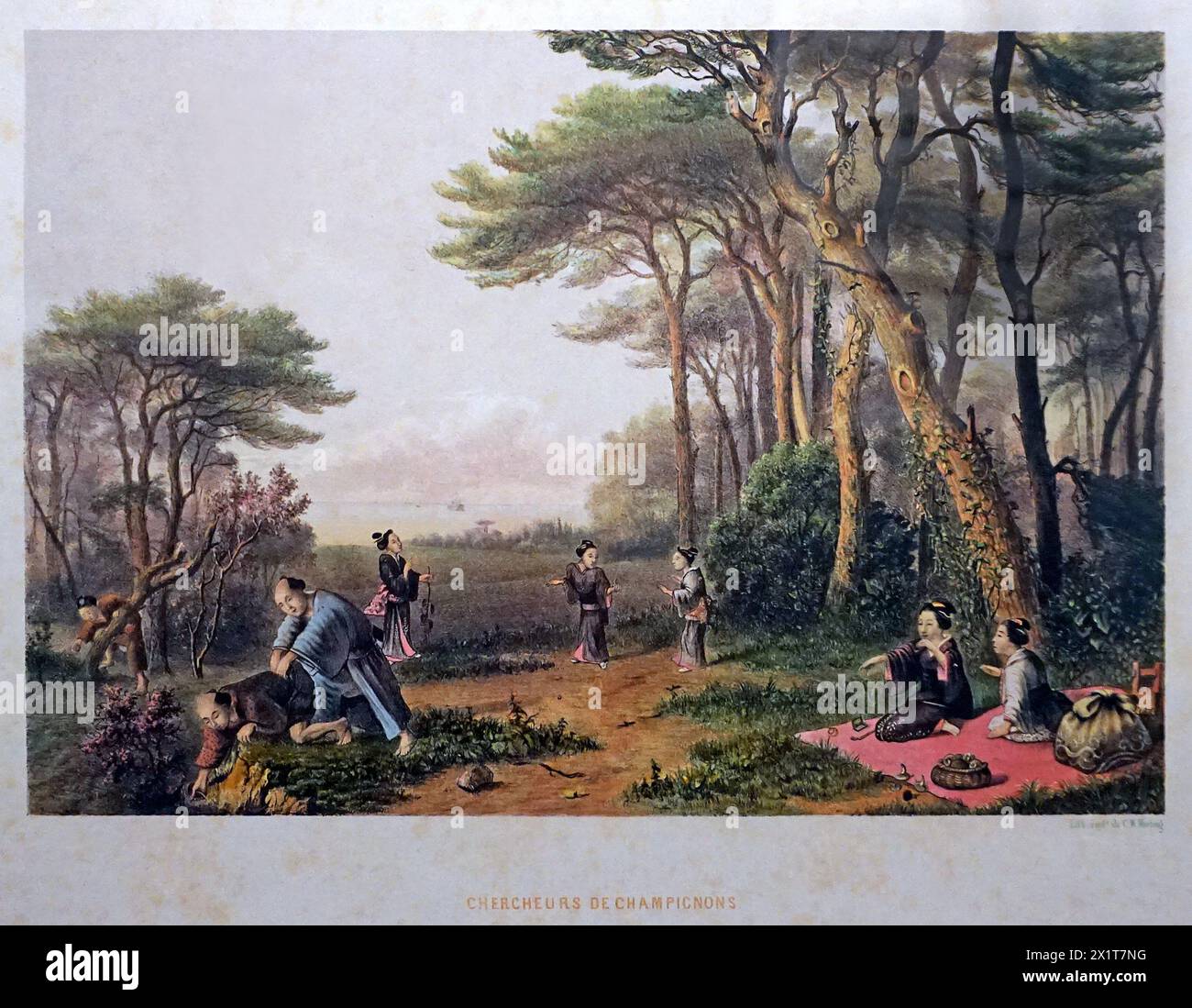 Chasse aux champignons.souvenir du Japon.(1866).Carl Wilhelm Mieling (1815-1903).lithographie néerlandaise. Banque D'Images