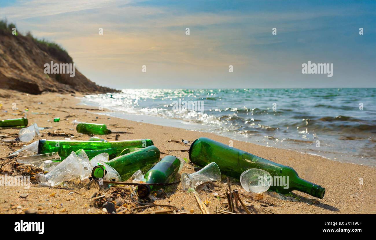 AM Strand liegen leere Glasflaschen, einige zerbrochen, Umweltverschmutzung, bearbeitet numérique Banque D'Images