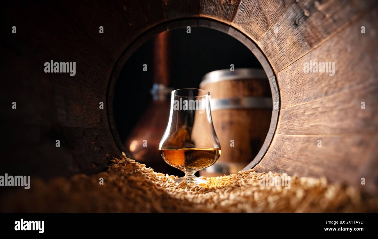 Verre de whisky dans un vieux fût de chêne en bois avec des grains d'orge. Concept traditionnel de distillerie d'alcool Banque D'Images