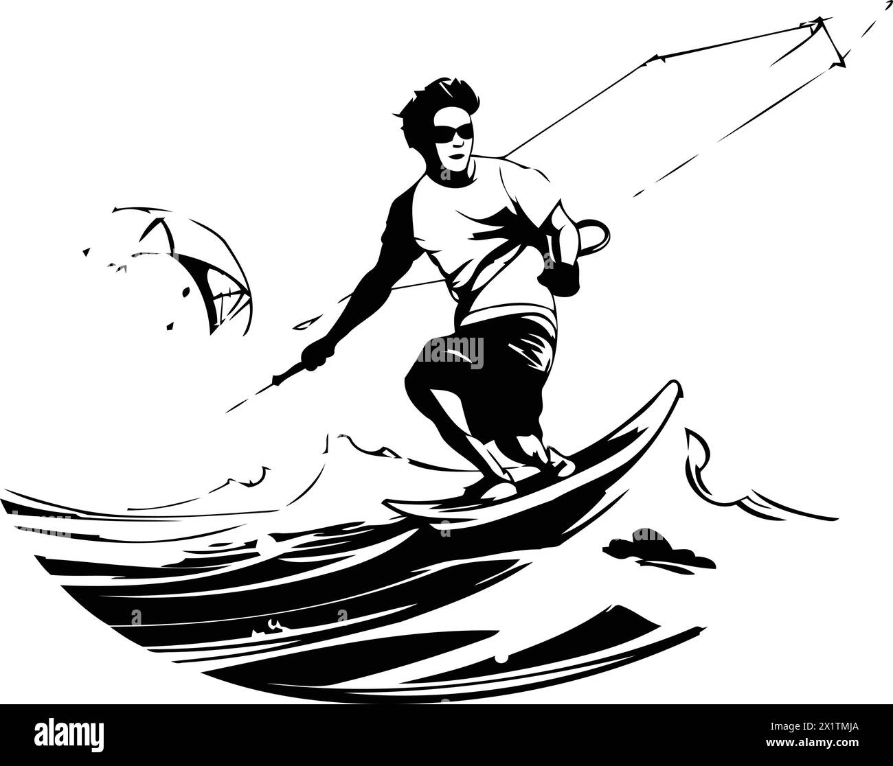 Kitesurf. Illustration vectorielle d'un surfeur sur les vagues. Illustration de Vecteur