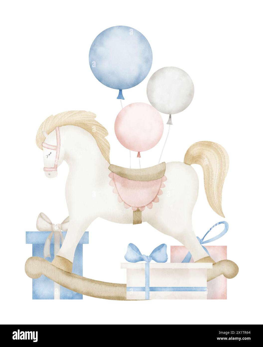 Illustration aquarelle Rocking Horse dans des couleurs rose pastel et bleu. Jouet dessiné à la main avec des ballons et des boîtes-cadeaux pour des cartes de voeux ou des invitations d'anniversaire. Dessin enfantin pour la célébration des enfants. Banque D'Images