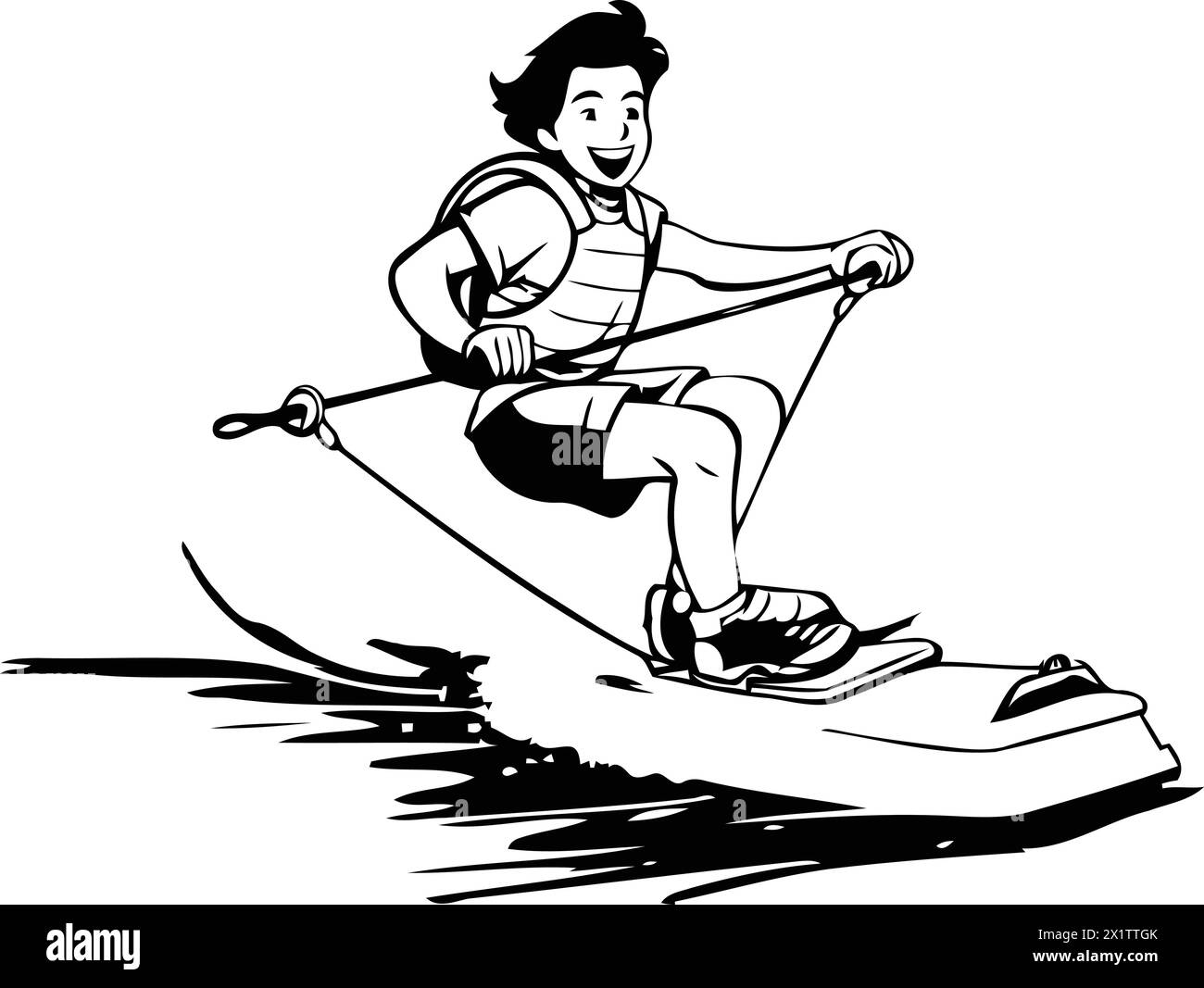 Homme chevauchant un wakeboard sur les vagues. Illustration vectorielle de dessin animé. Illustration de Vecteur