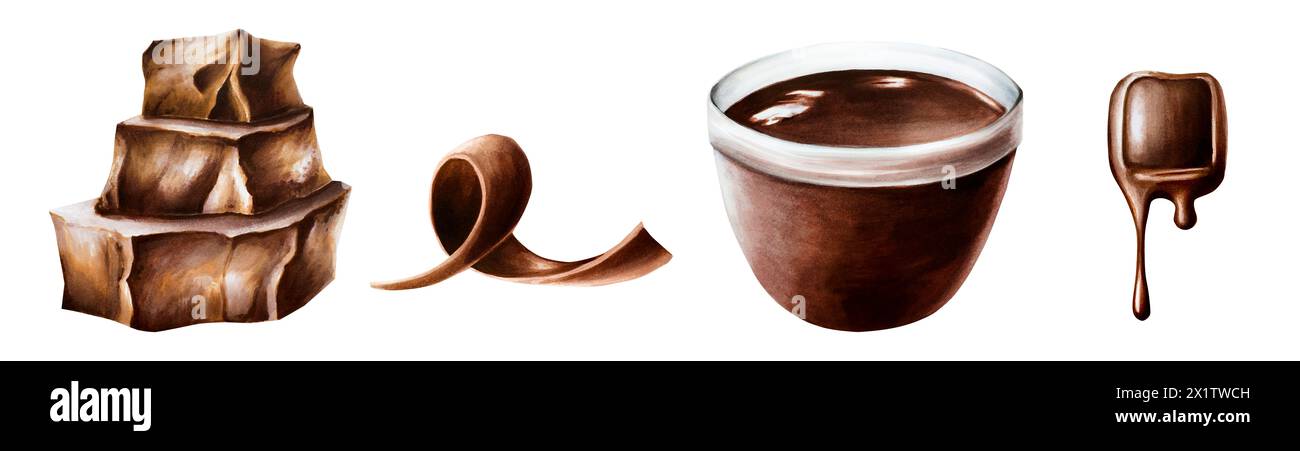 Ensemble aquarelle de tranche de chocolat en boucle, bol en verre brun, chocolat liquide fondu, morceaux de chocolat empilés. La délicieuse rea sucrée enroulée dessinée à la main Banque D'Images