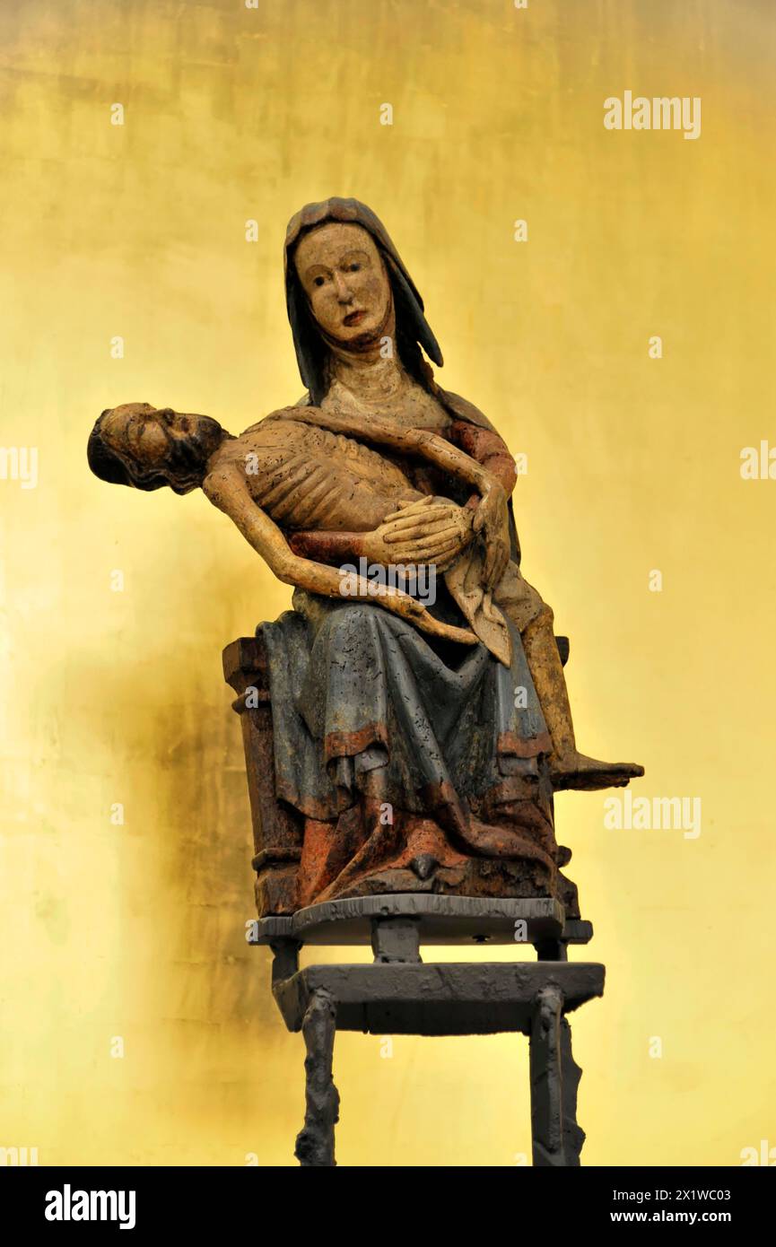 Dom. Kilian,.-Kilians-Dom, Wuerzburg, figure en bois coloré de la Pieta avec Marie tenant le Jésus mort devant un fond jaune Banque D'Images