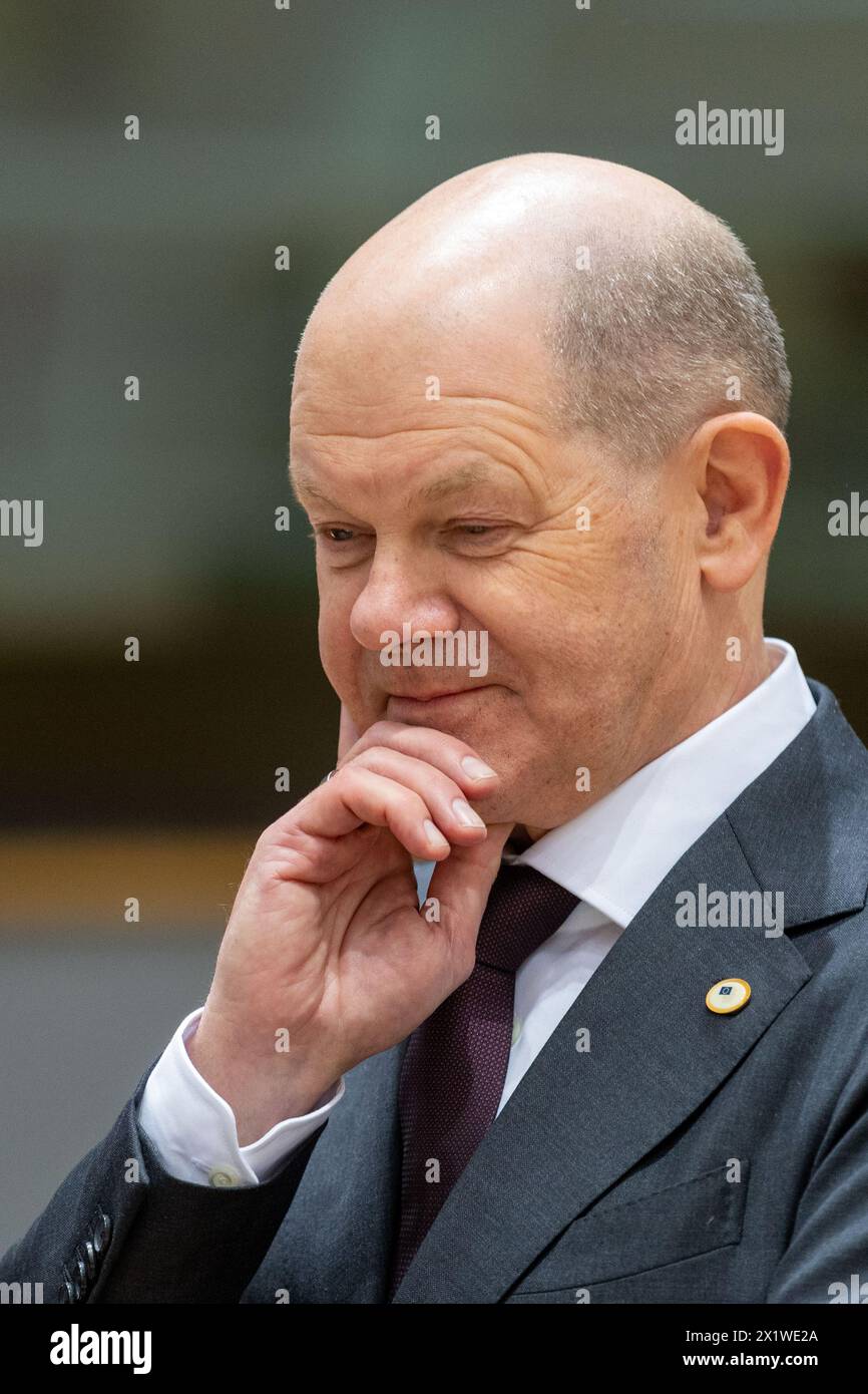 Bruxelles, Belgique. 17 avril 2024. Le chancelier allemand Olaf Scholz participe au sommet spécial de l'UE à Bruxelles, en Belgique, le 17 avril 2024. Crédit : Meng Dingbo/Xinhua/Alamy Live News Banque D'Images