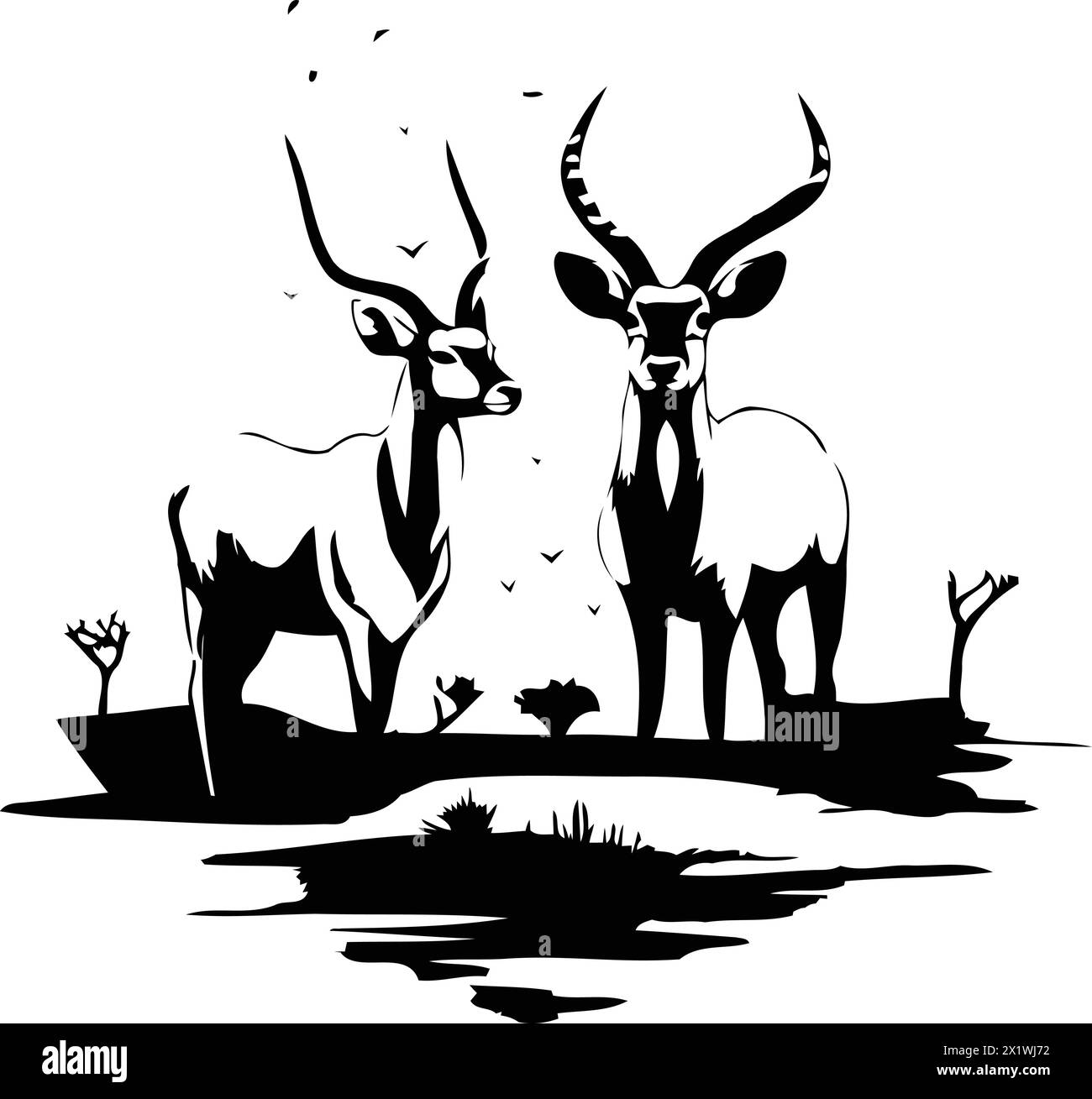 Deux antilopes sur le fond du coucher de soleil. Illustration vectorielle. Illustration de Vecteur