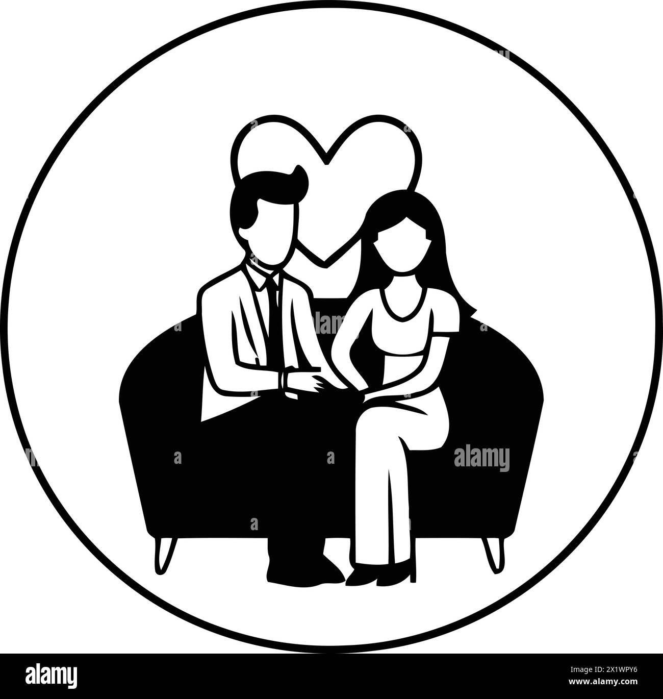 Illustration vectorielle d'un couple amoureux assis sur un canapé dans un cercle Illustration de Vecteur