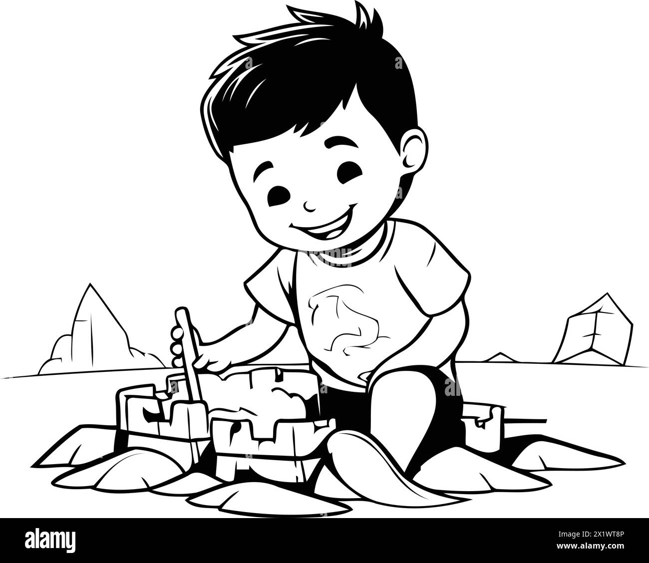 Petit garçon construisant château de sable dans le désert. Illustration vectorielle de dessin animé. Illustration de Vecteur