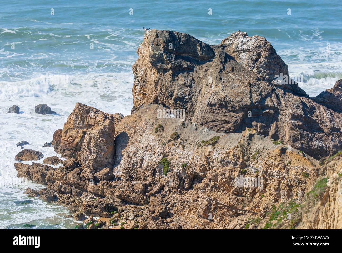 Un rocher connu sous le nom de Château ou Lion selon le point de vue, séparant 2 plages à Pataias, au centre du Portugal Banque D'Images