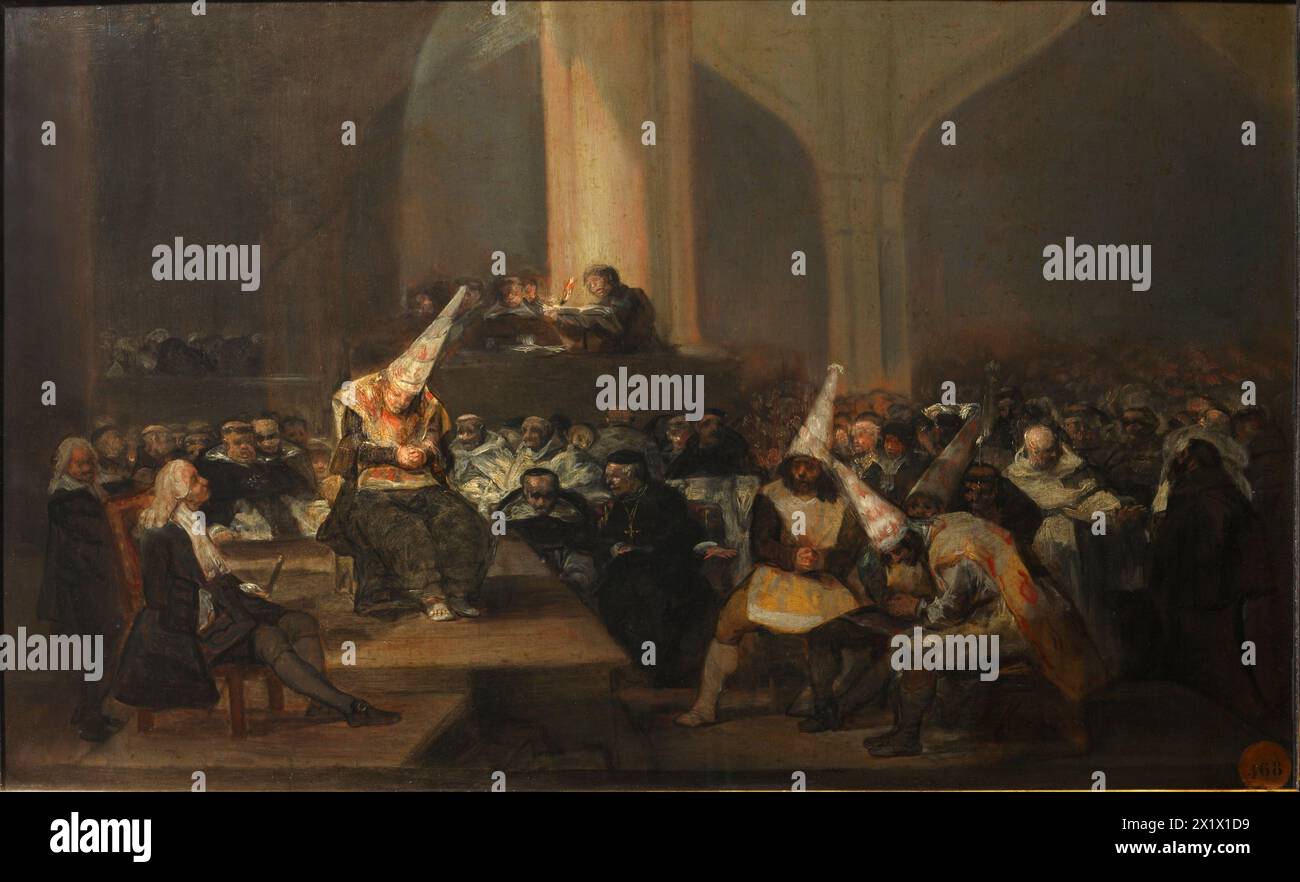 Le Tribunal de l'Inquisition, également connu sous le nom de Cour de l'Inquisition ou scène de l'Inquisition (espagnol : escena de Inquisición), est une peinture à l'huile sur panneau de 46 x 73 centimètres (18 x 29 po) produite par l'artiste espagnol Francisco Goya entre 1812 et 1819[1]. Banque D'Images