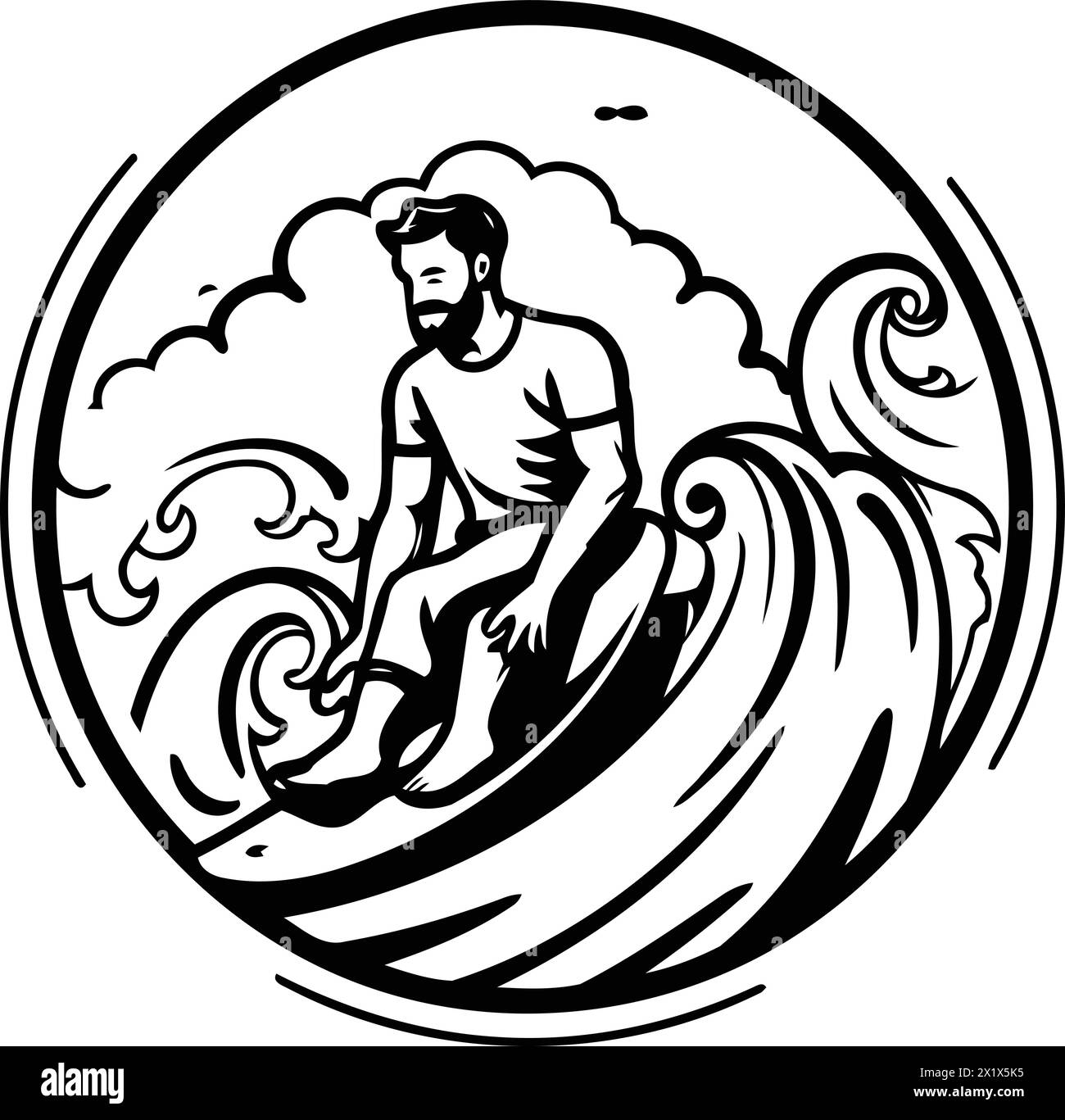 Illustration vectorielle d'un homme chevauchant une planche de surf sur les vagues. Illustration de Vecteur