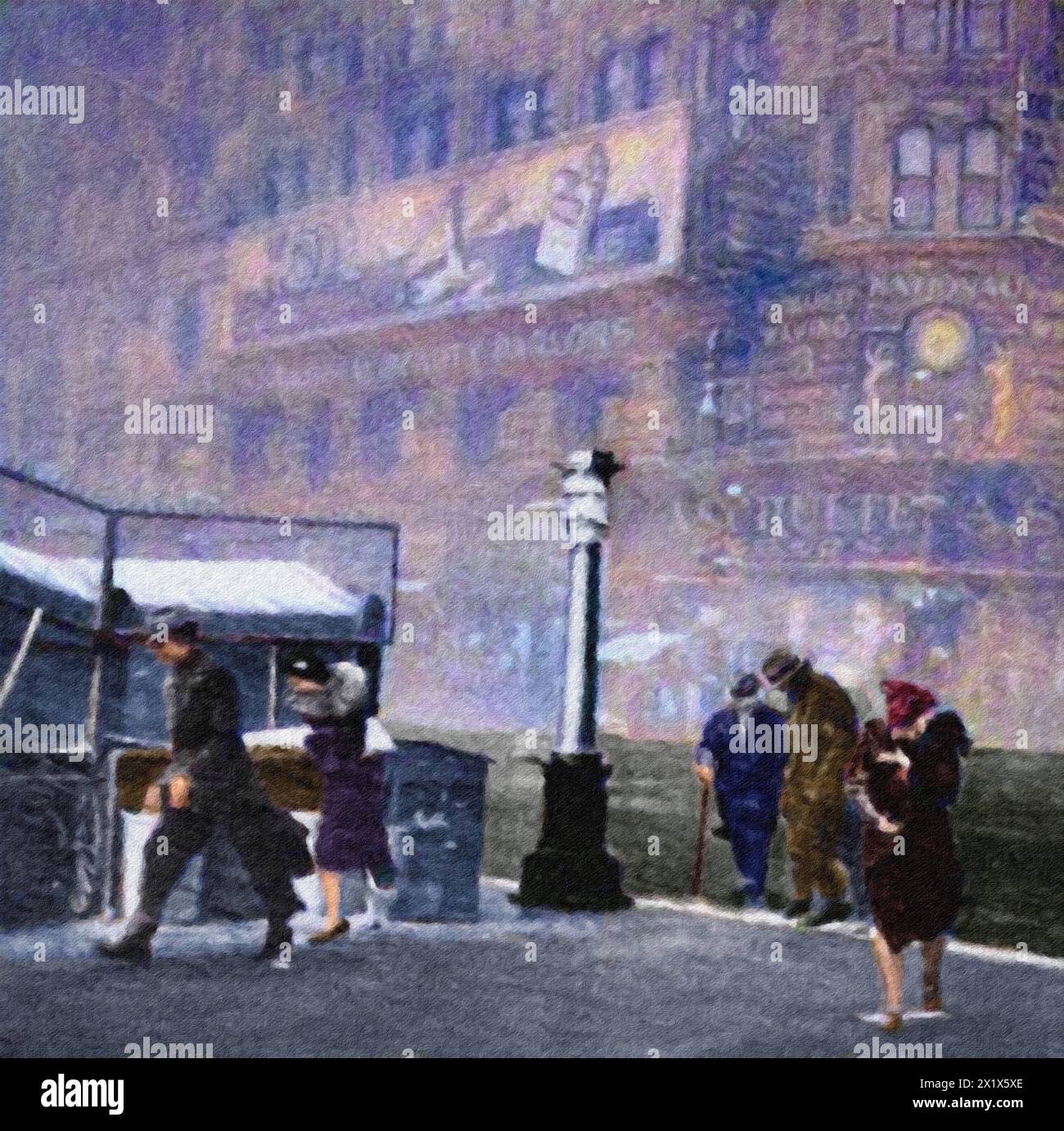 Piétons subissant une tempête de neige sur la 43e rue et Broadway, New York 1937. Banque D'Images