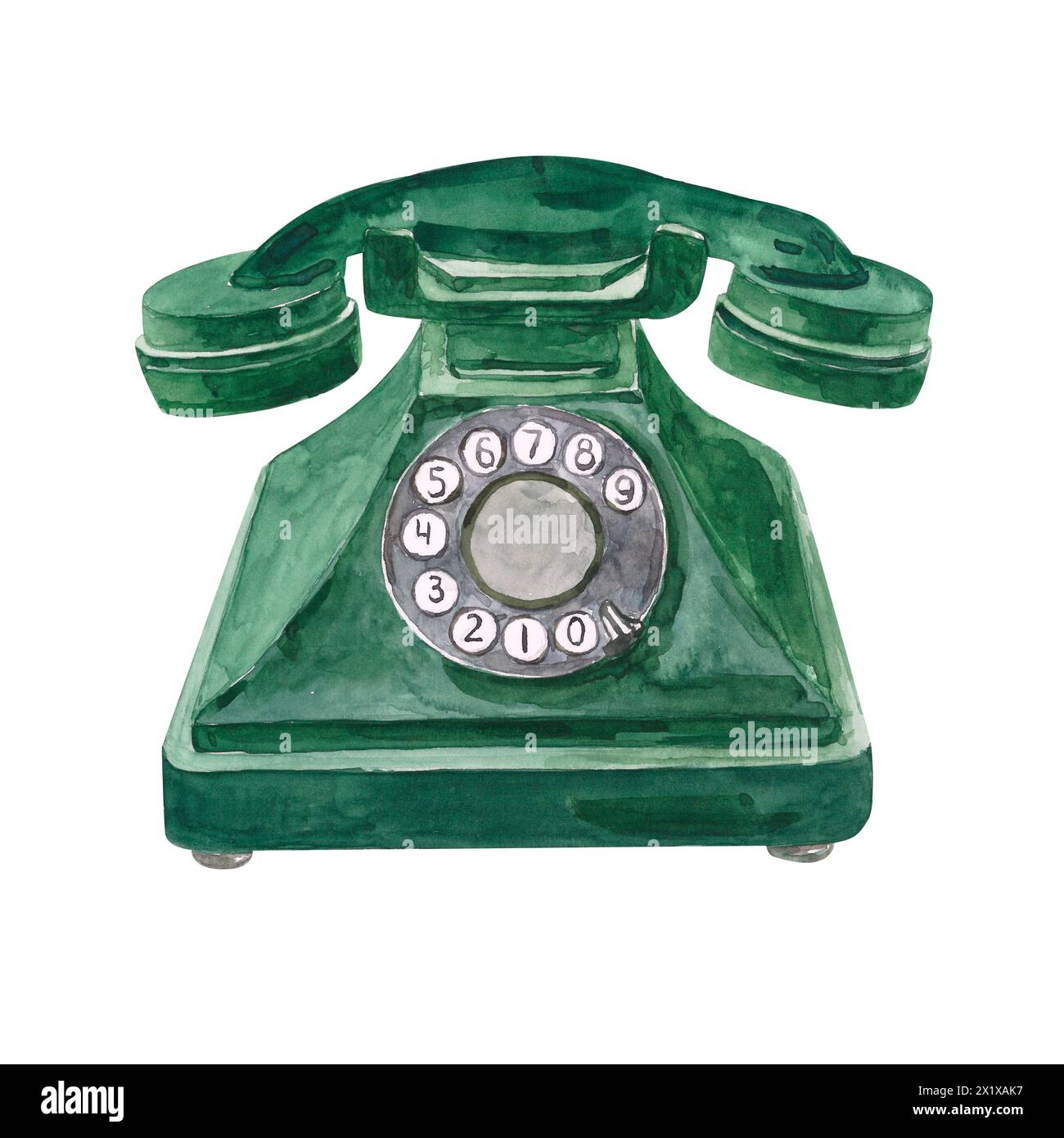 Téléphone rétro aquarelle avec fil, dessiné à la main. Téléphone vintage classique avec un disque pour cartes postales, impression, publicité. Banque D'Images