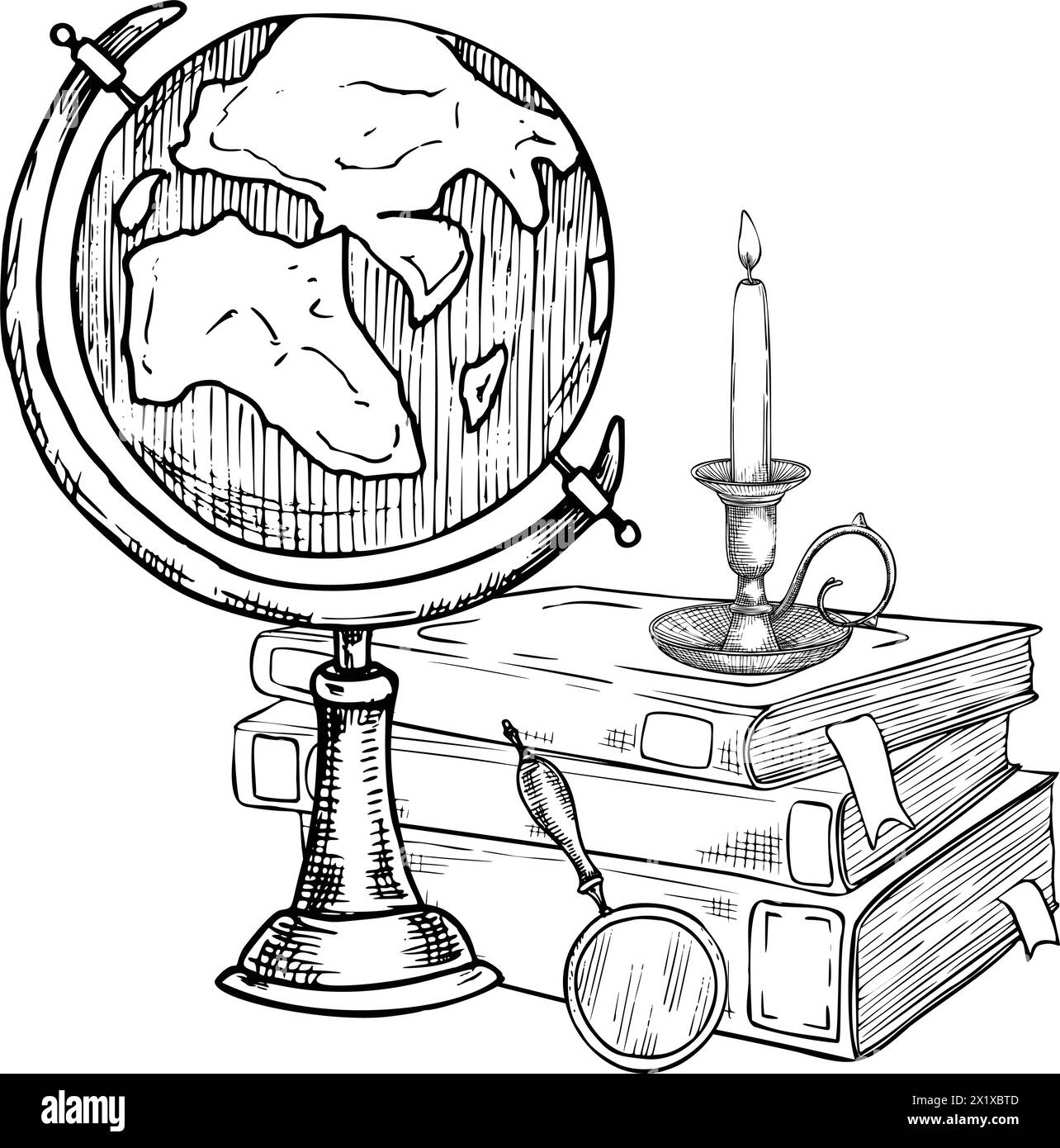 Globe et livres. Illustration vectorielle d'une pile de cahiers de géographie et de manuels avec une bougie vintage. Dessin d'objets de connaissance et d'éducation dans un style linéaire peint par des encres noires pour icône. Illustration de Vecteur