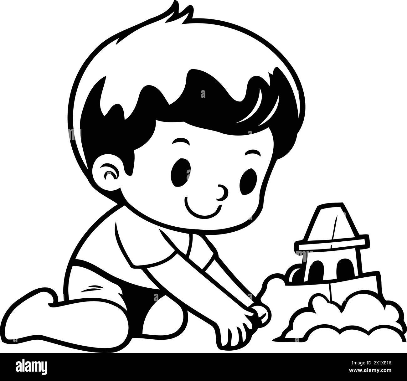 Mignon petit garçon jouant avec du sable et construisant un château. Illustration vectorielle. Illustration de Vecteur