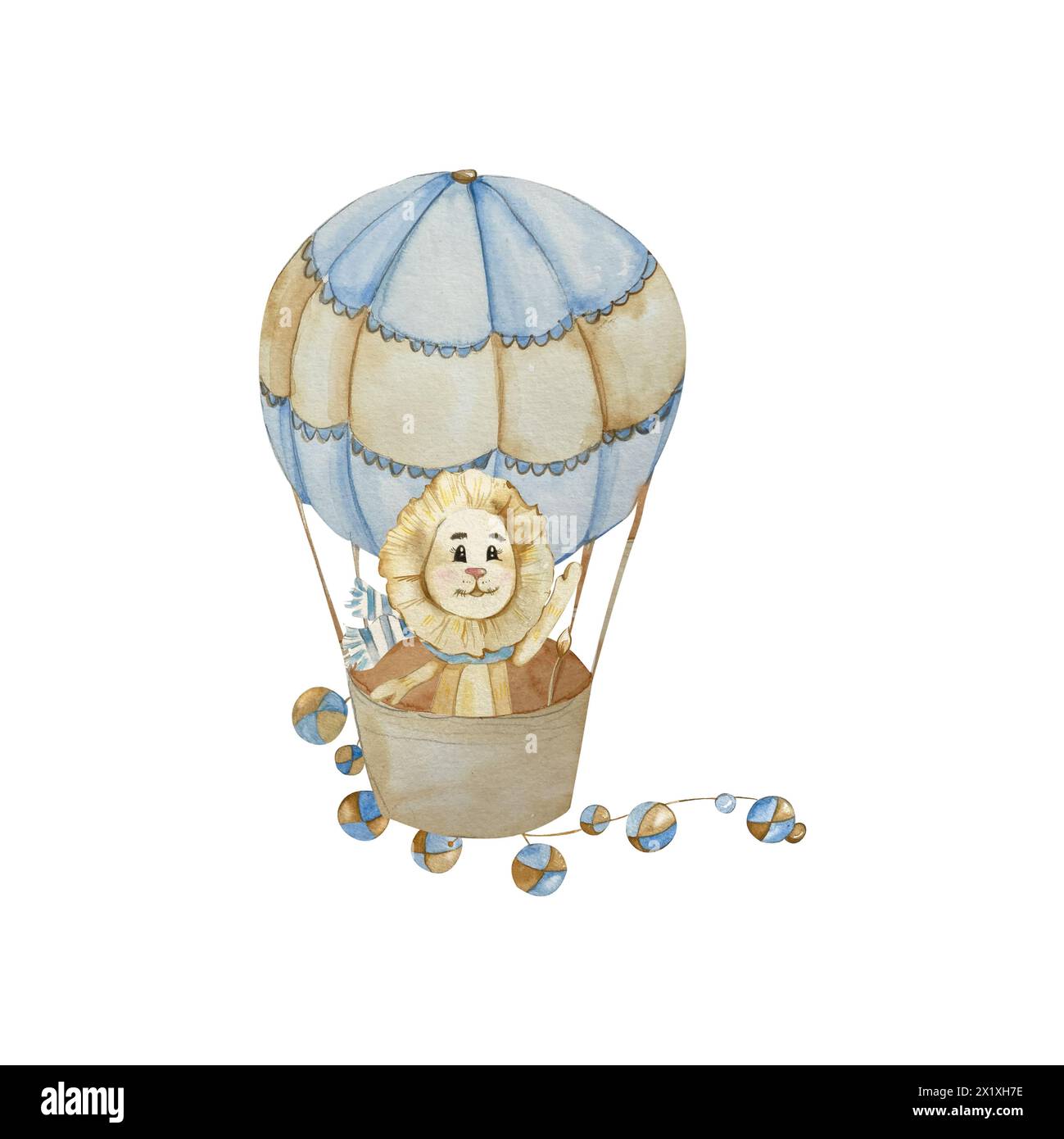 Dessin animé Lion en montgolfière avec guirlandes. Style vintage. Illustration aquarelle dans les tons Pastel Bleu et Beige. Pour Design Children's Room, Bab Banque D'Images