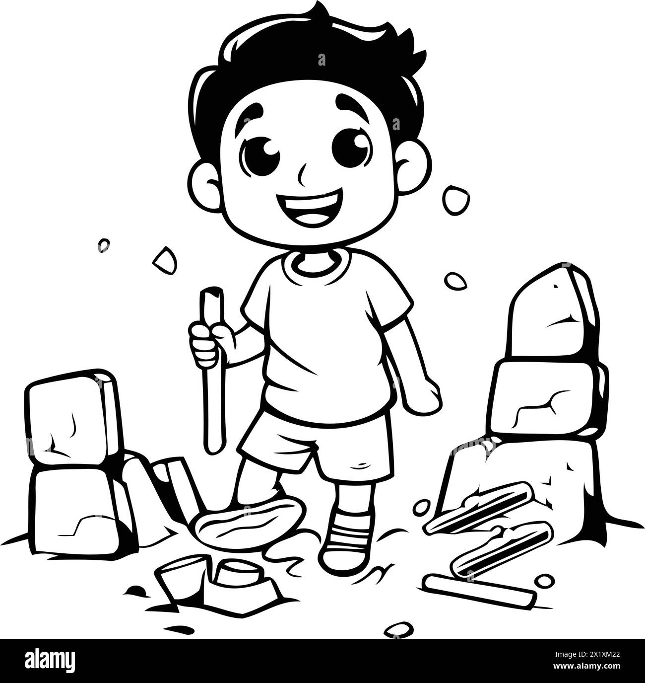 Illustration vectorielle d'un garçon construisant un château de sable. Style dessin animé. Illustration de Vecteur
