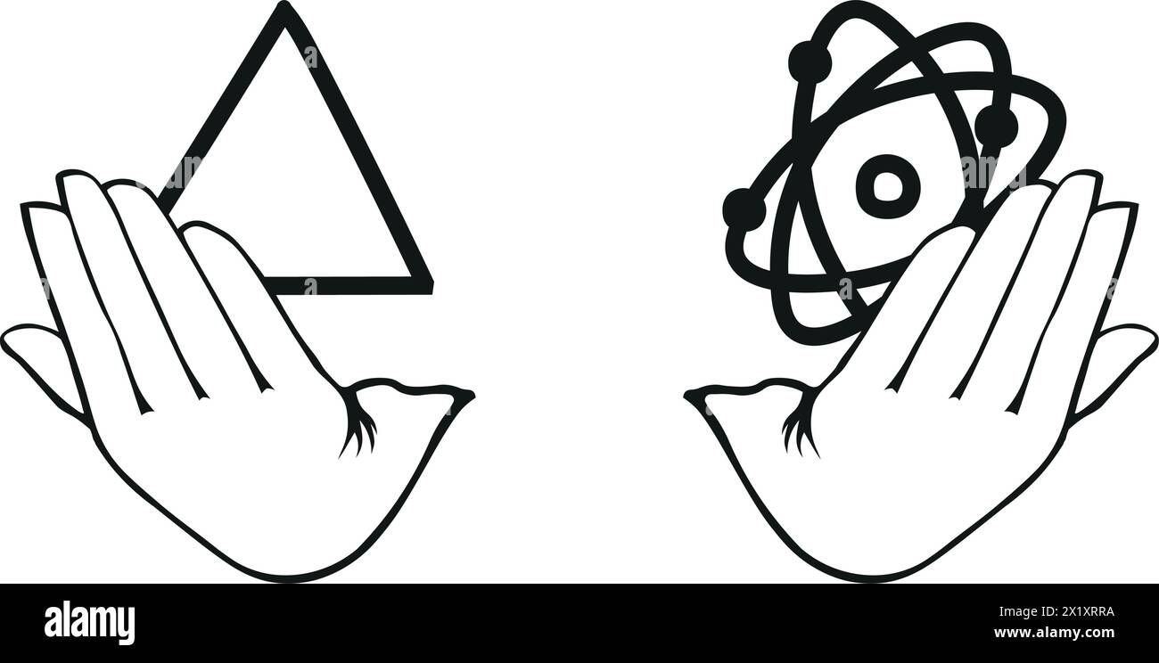 deux mains ouvertes, chacune tenant un symbole différent - un triangle représentant la foi à gauche et un atome représentant la science à droite, signifiant Illustration de Vecteur