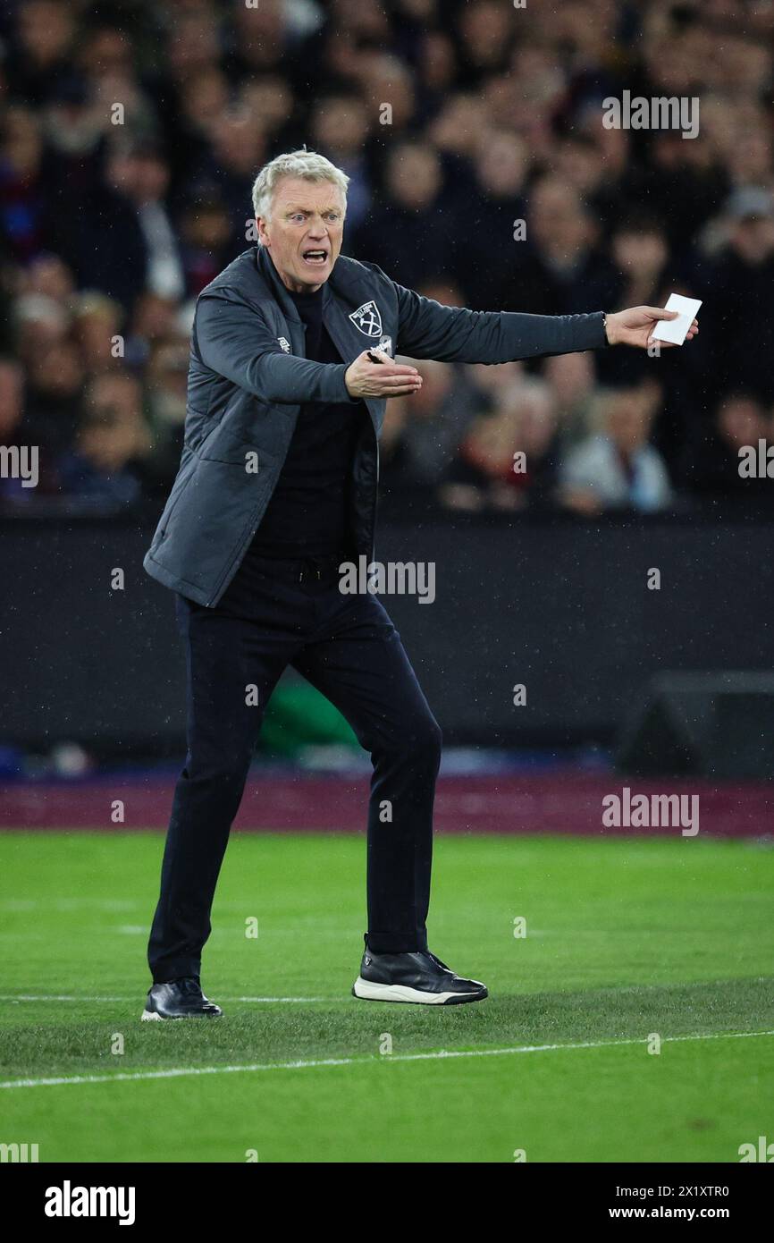 LONDRES, Royaume-Uni - 18 avril 2024 : David Moyes, manager de West Ham United, réagit lors du match de 2e match de quart de finale de l'UEFA Europa League entre West Ham United et Bayer 04 Leverkusen au London Stadium (crédit : Craig Mercer/ Alamy Live News) Banque D'Images