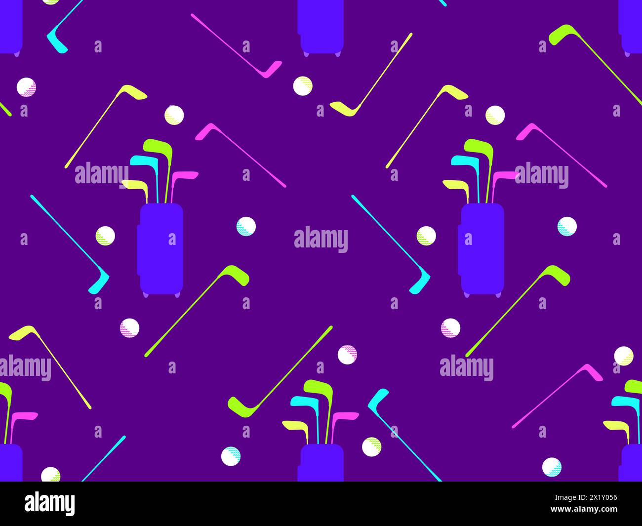Modèle sans couture avec des clubs de golf dans un sac et des balles de golf. Silhouettes blanches de sacs avec des clubs de golf sur un fond violet. EQUIPEMENT de golf. Conception de Illustration de Vecteur