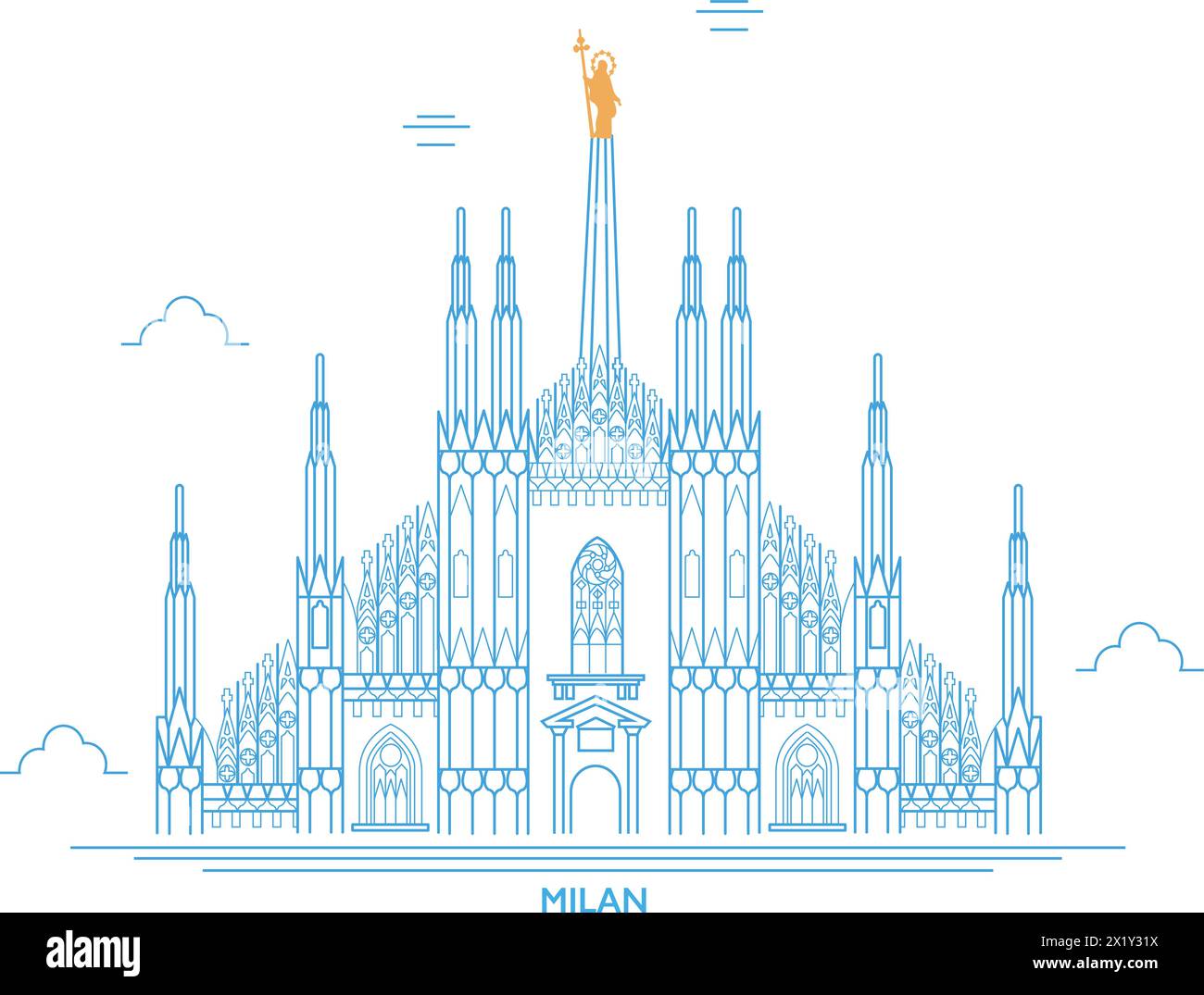 Une conception à main levée du Duomo de Milan, vue sur la cathédrale de Milan. Aperçu de la façade de la cathédrale en marbre blanc. Contreforts, pinacles Illustration de Vecteur