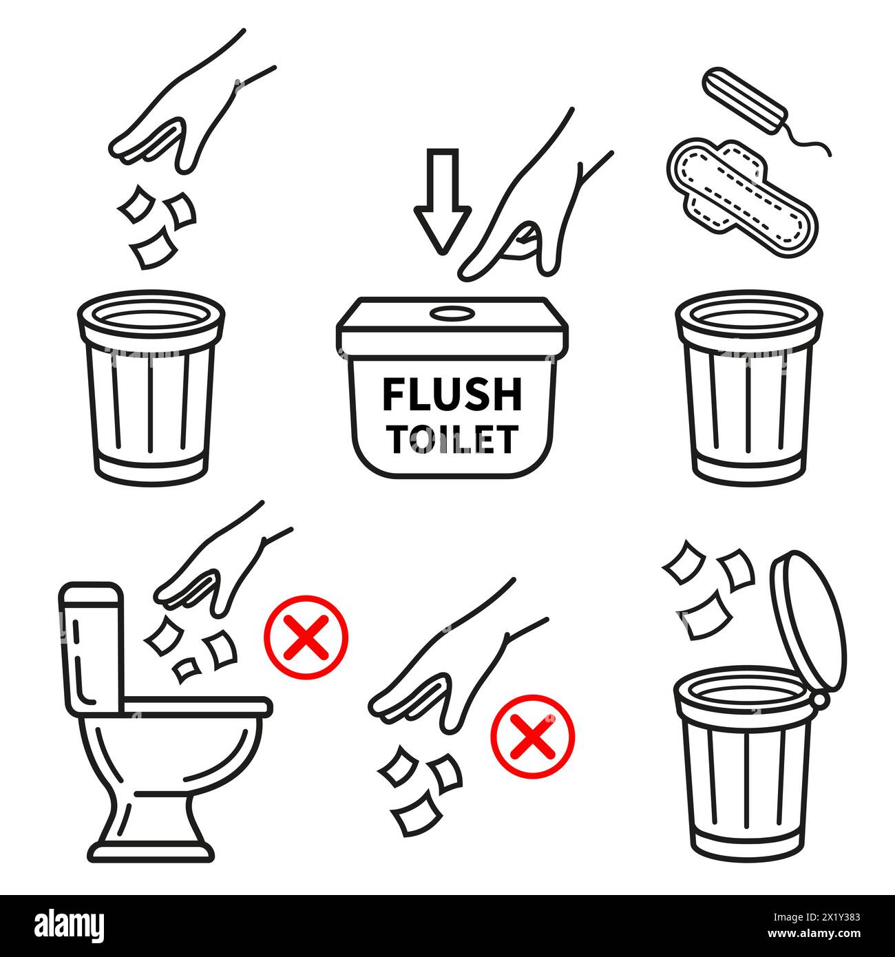 Poubelle des toilettes, recyclage des ordures, ne jetez pas de papier mouchoir dans la cuvette des toilettes, rincez l'eau dans l'ensemble d'icônes de ligne de salle des toilettes publiques. Pas de litière. Poubelle. Vecteur Illustration de Vecteur
