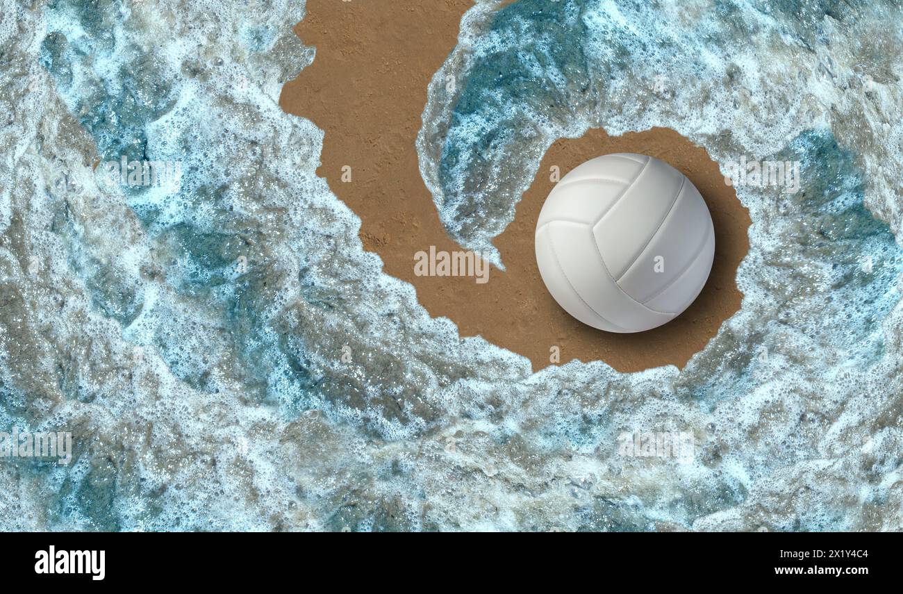 Beach volley comme une balle sur une plage de sable avec une vague de mer fraîche ou l'eau de l'océan comme un symbole d'activité sportive amusante d'été comme un jeu de plein air. Banque D'Images